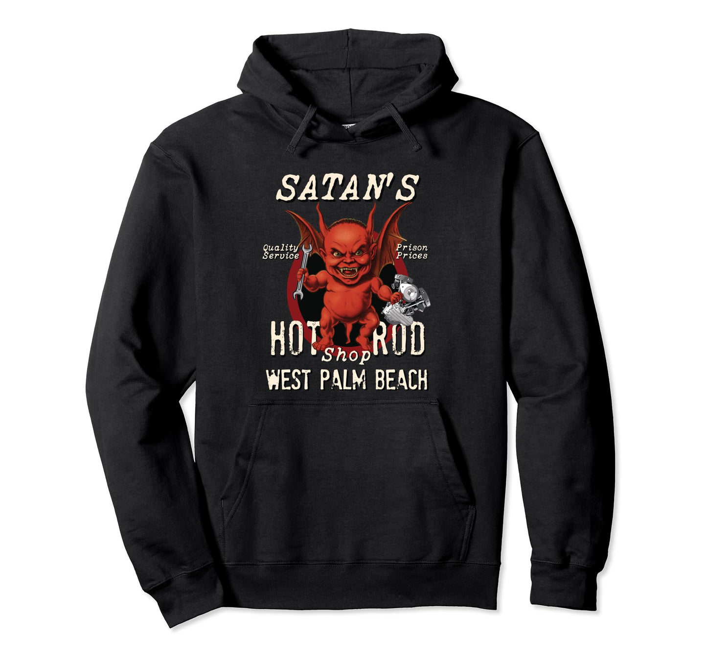 Satans Hot Rod Shop Fat Devil West Palm Hoodie - Trendy Graphic for Adults - T-Shirt, Sweatshirt, Hoodie
