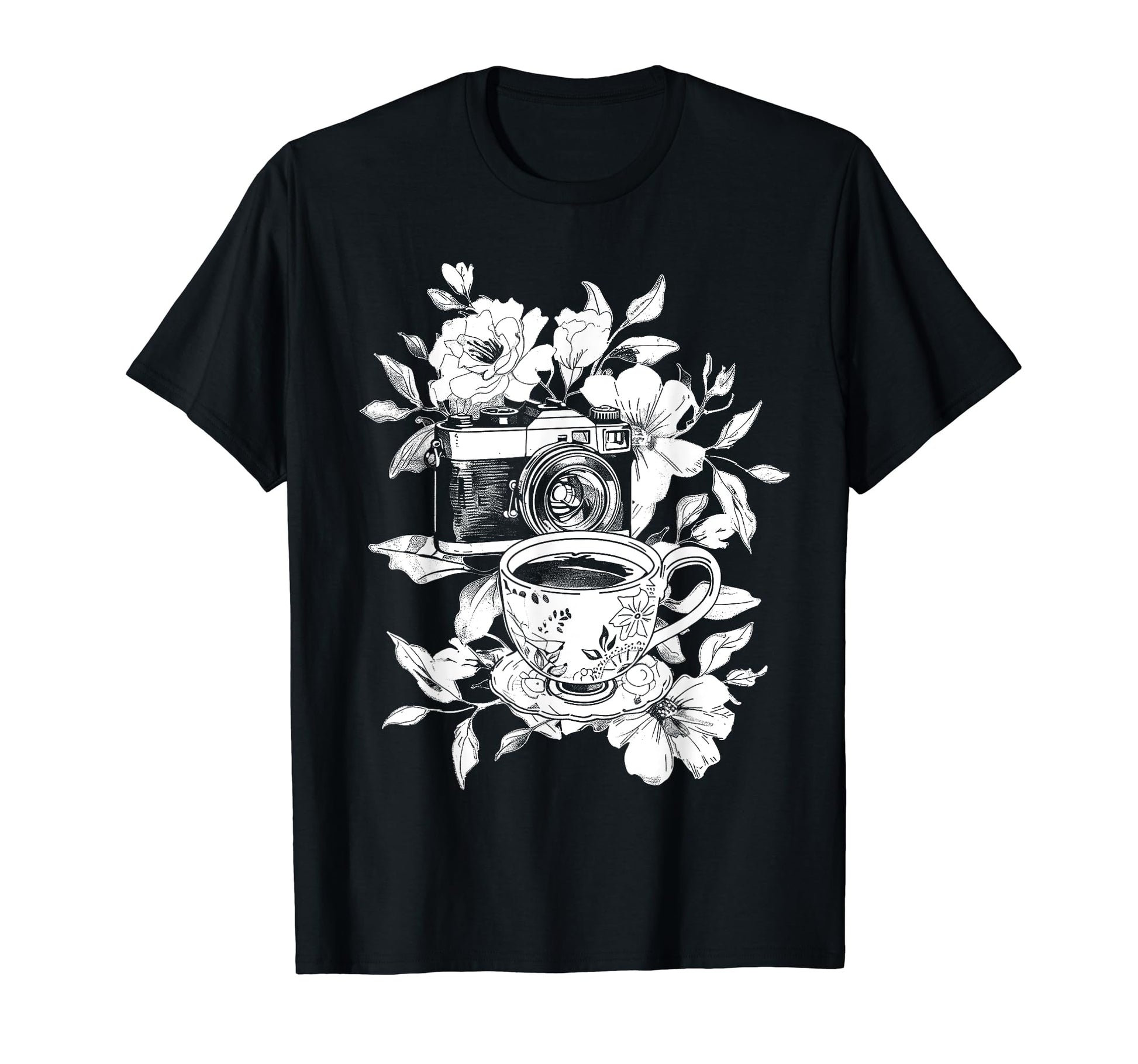 Photographer Coffee Camera Flowers T-Shirt - Aesthetic Graphic Men Women - T-Shirt, Sweatshirt, Hoodie