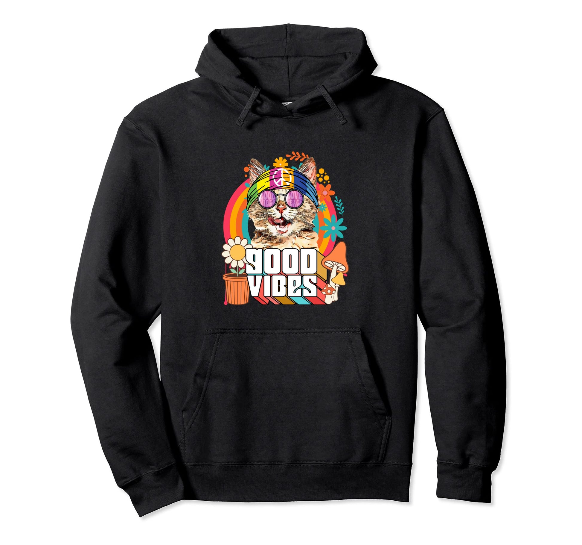 Hippie Cat Rainbow 60S 70S Peace Hoodie - Fun Novelty Design Men Women - T-Shirt, Sweatshirt, Hoodie