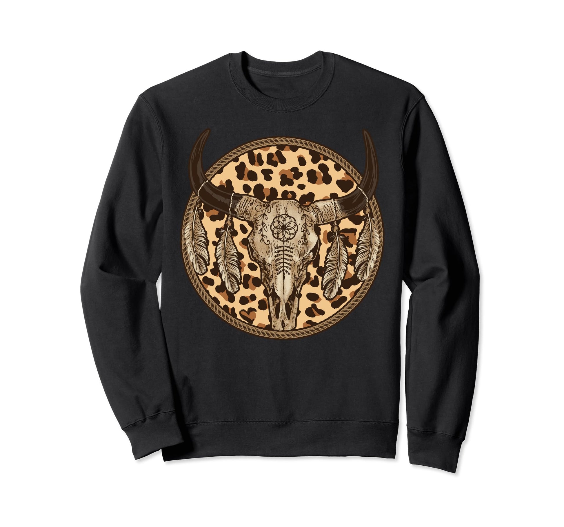 Leopard Boho Longhorn Skull Sweatshirt - Aesthetic Graphic for Adults - T-Shirt, Sweatshirt, Hoodie
