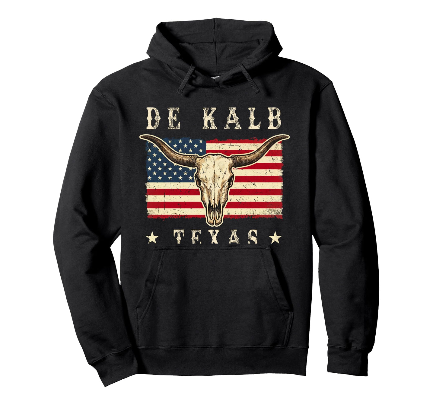 De Kalb Texas Western Patriotic Skull Hoodie - Unique Graphic for Adults - T-Shirt, Sweatshirt, Hoodie