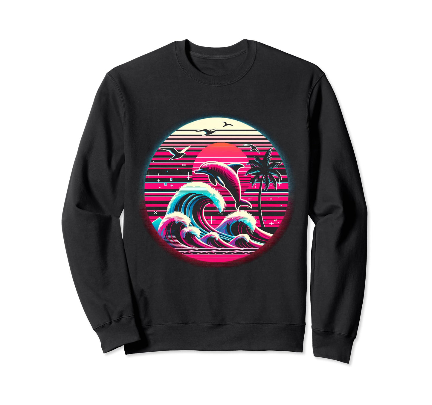 Palm Sunset Dolphin 80S 90S Vaporwave Sweatshirt - Streetwear Style Unisex - T-Shirt, Sweatshirt, Hoodie