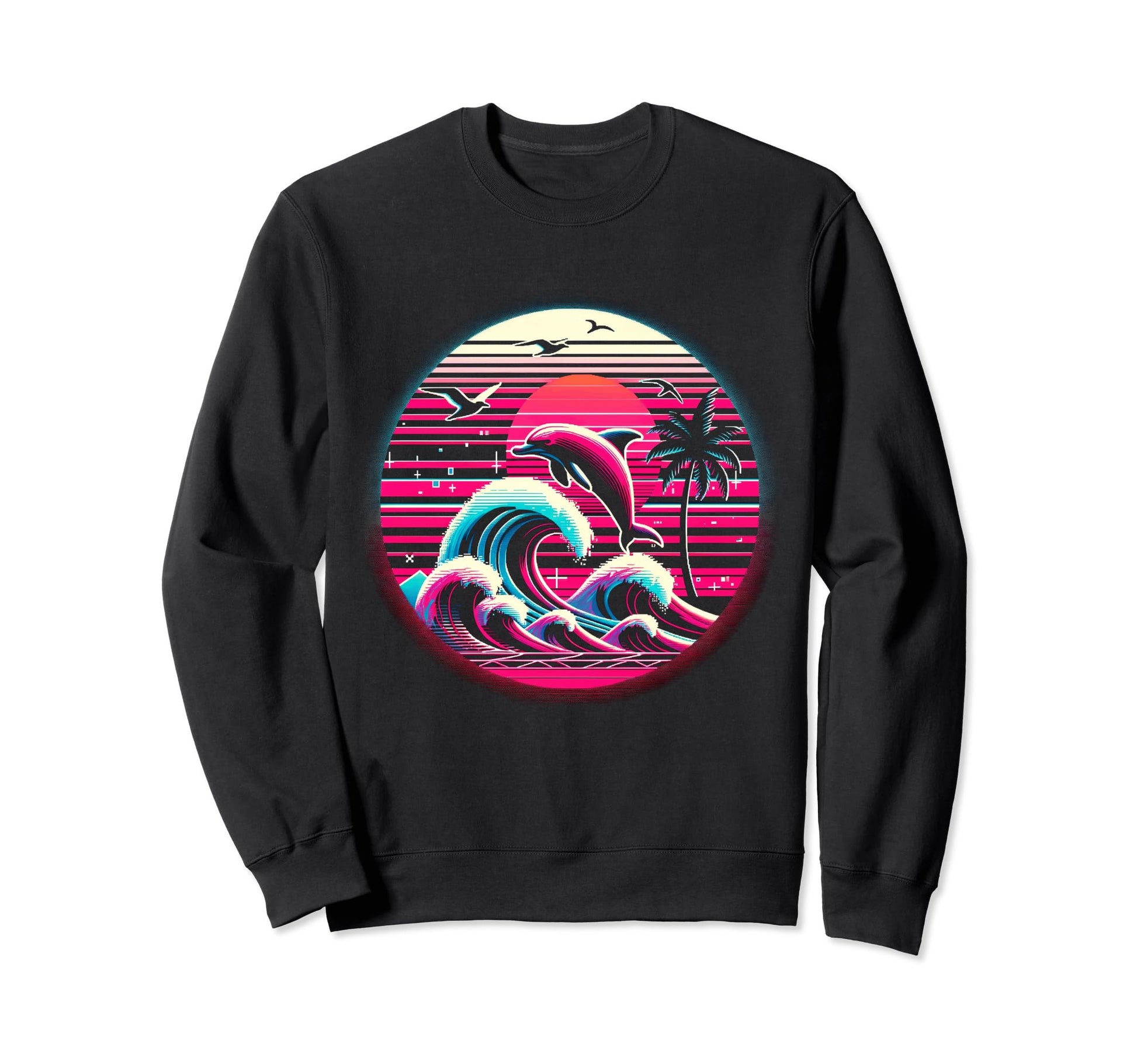 Palm Sunset Dolphin 80S 90S Vaporwave Sweatshirt - Streetwear Style Unisex - T-Shirt, Sweatshirt, Hoodie