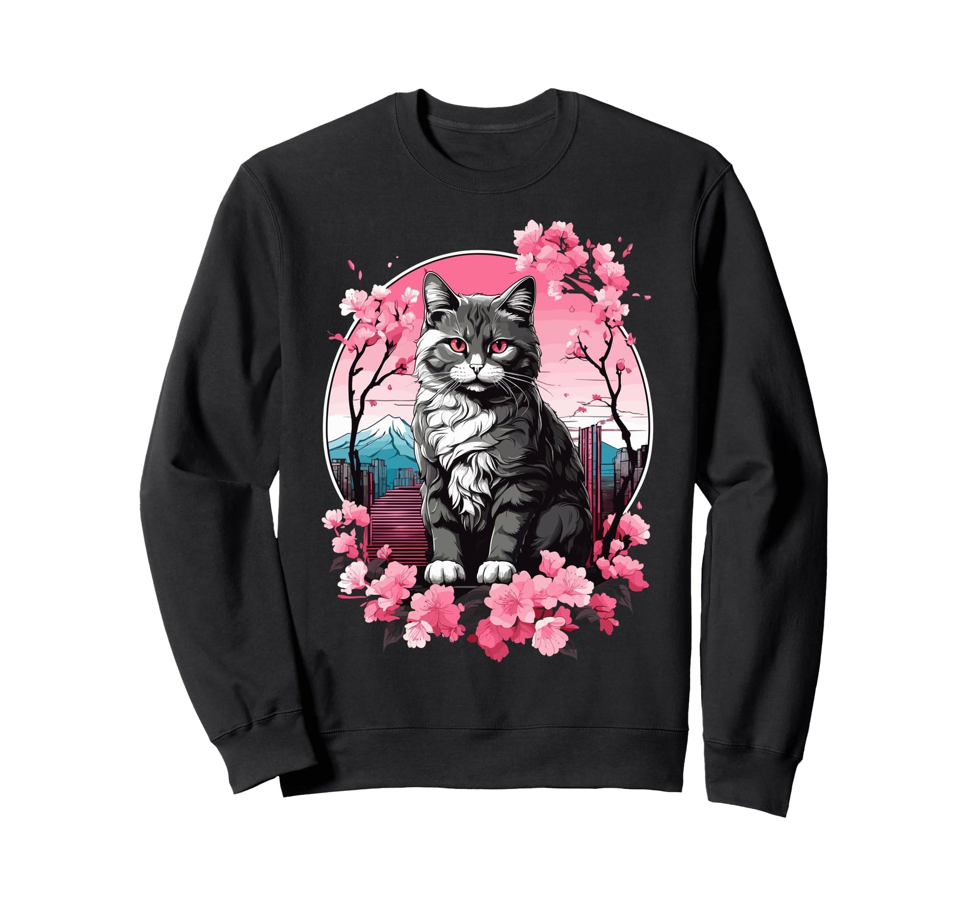 Anime Cat Japanese Vaporwave Aesthetic Sweatshirt - Graphic Print Unisex - T-Shirt, Sweatshirt, Hoodie