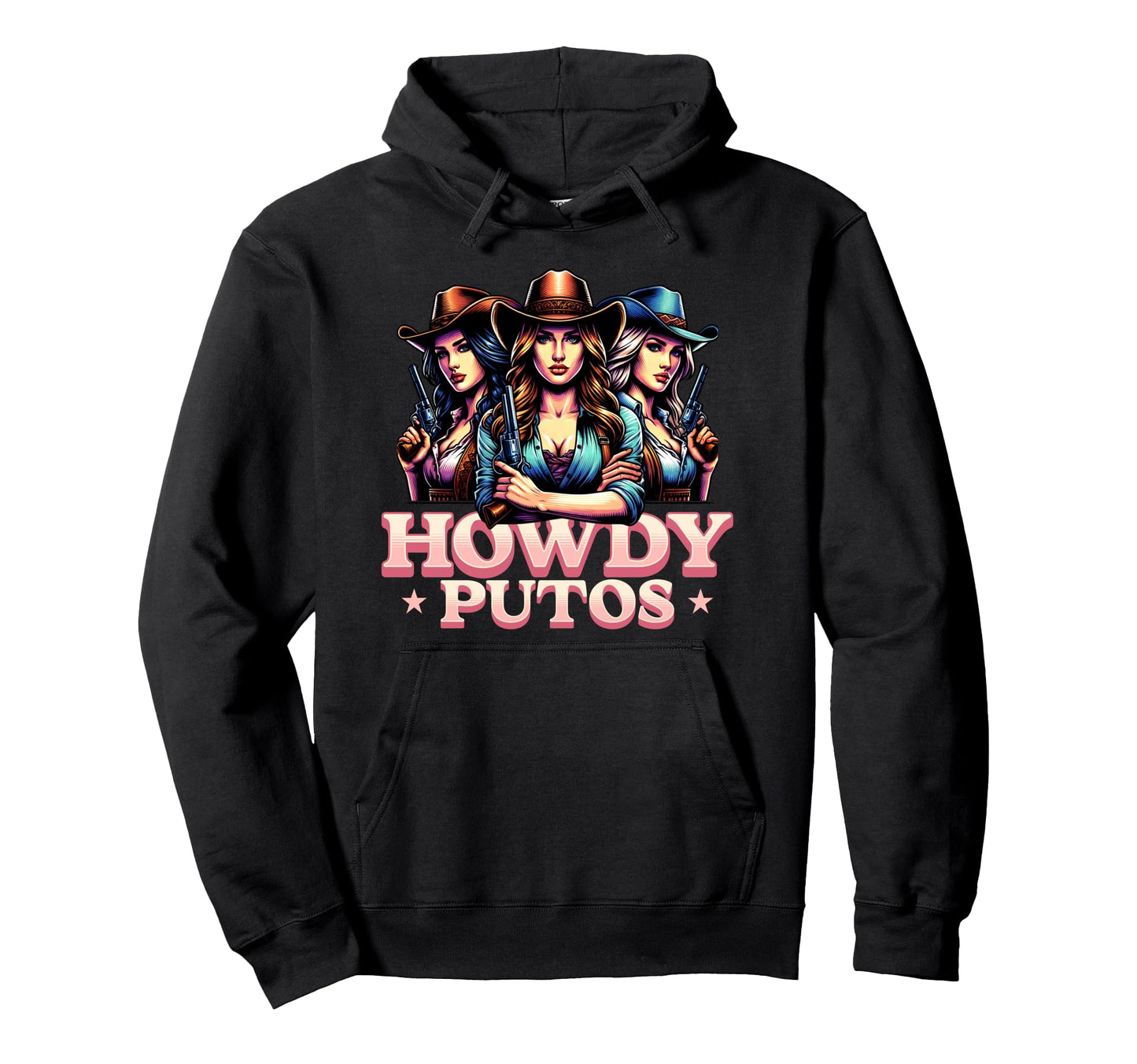 Howdy Putos Funny Ladies Gun Western Hoodie - Minimalist Print for Adults - T-Shirt, Sweatshirt, Hoodie