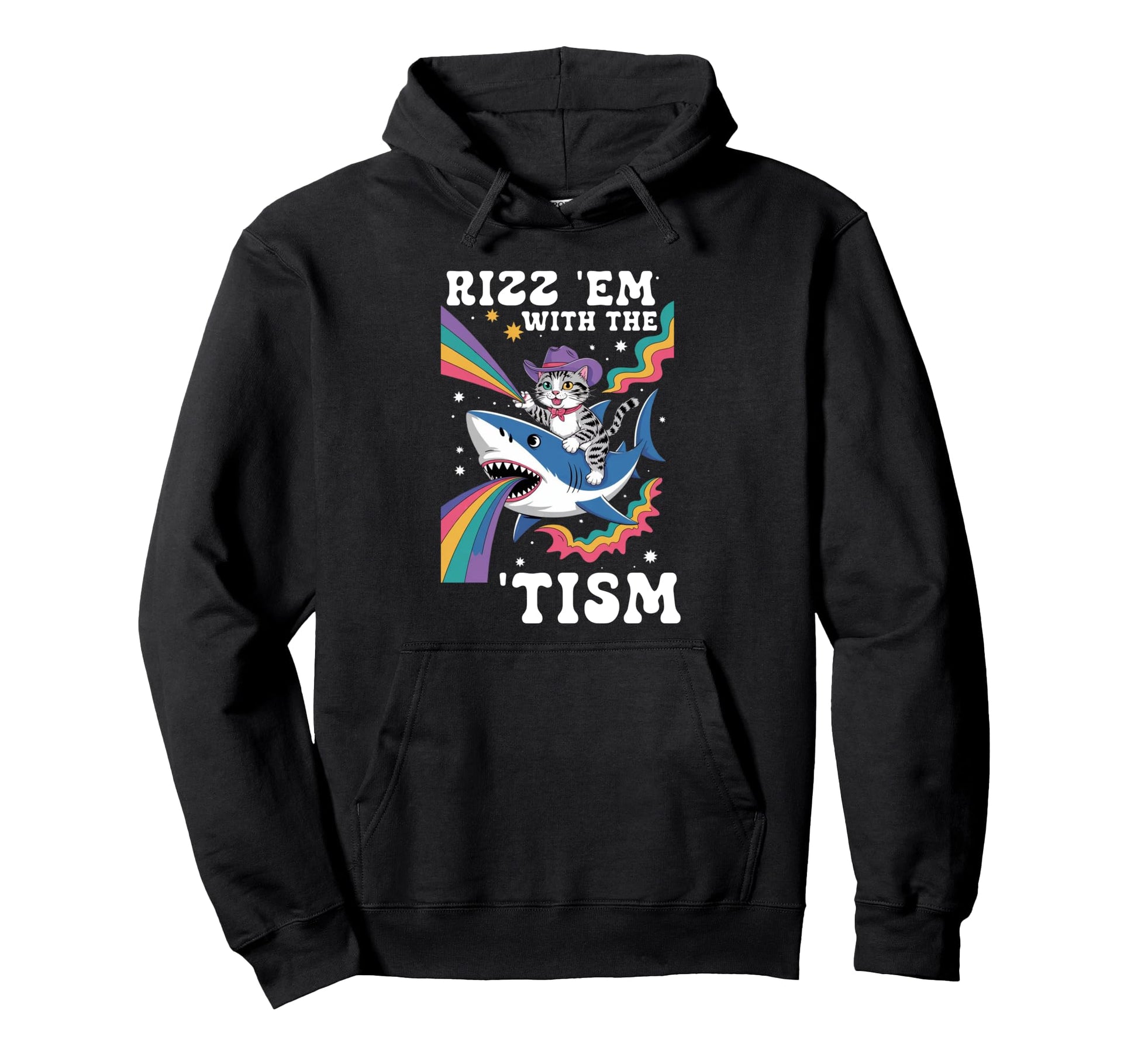 Cowboy Cat Riding Shark Rainbow Sweatshirt - Fun Novelty Design Men Women - T-Shirt, Sweatshirt, Hoodie