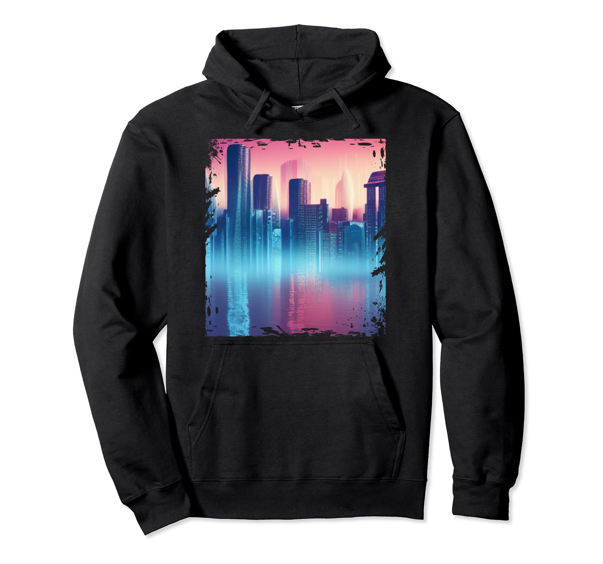 Futuristic Vaporwave City Skyline Hoodie - Minimalist Print for Adults - T-Shirt, Sweatshirt, Hoodie