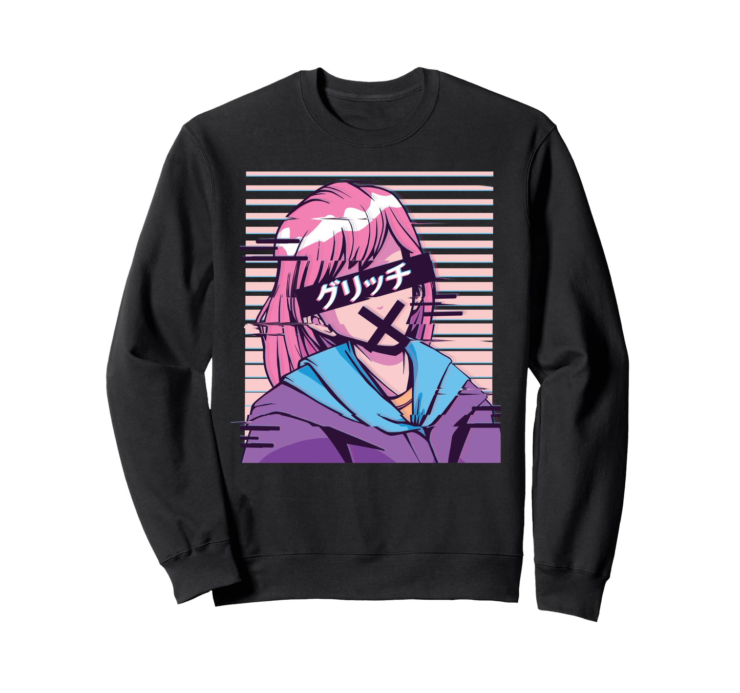 Anime Glitched Japanese Aesthetics Sweatshirt - Unique Graphic Unisex - T-Shirt, Sweatshirt, Hoodie