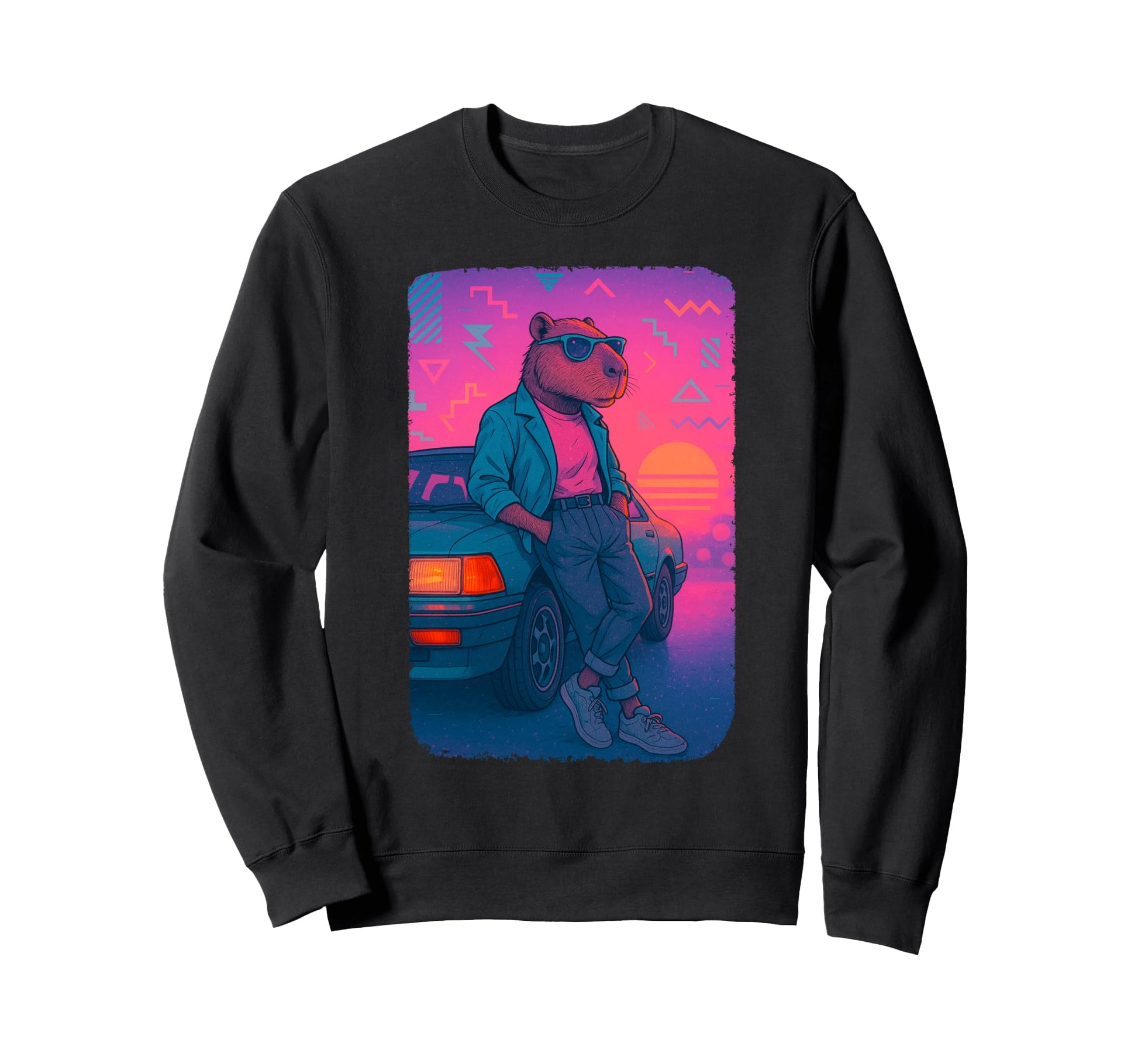 80S Capybara Vaporwave Sunset Sweatshirt - Aesthetic Graphic Unisex - T-Shirt, Sweatshirt, Hoodie