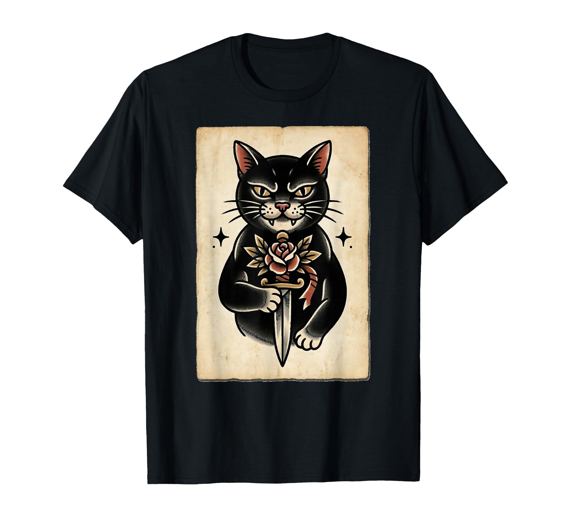 Americana Cat Tattoo Rose And Dagger Art T-Shirt - Custom Art Print Unisex - T-Shirt, Sweatshirt, Hoodie