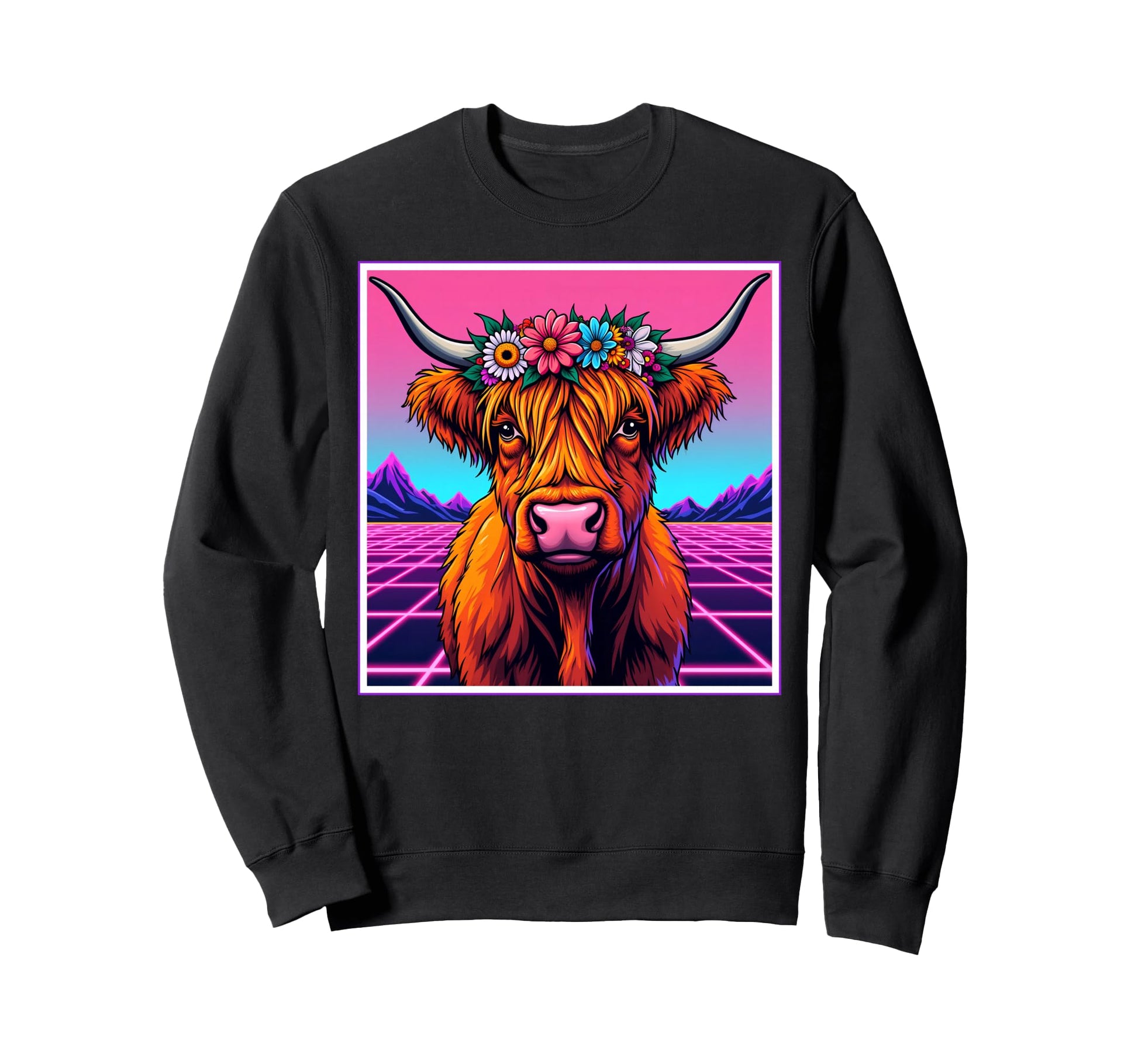 Highland Cow Vaporwave Cow Sweatshirt - Casual Everyday Wear Unisex - T-Shirt, Sweatshirt, Hoodie