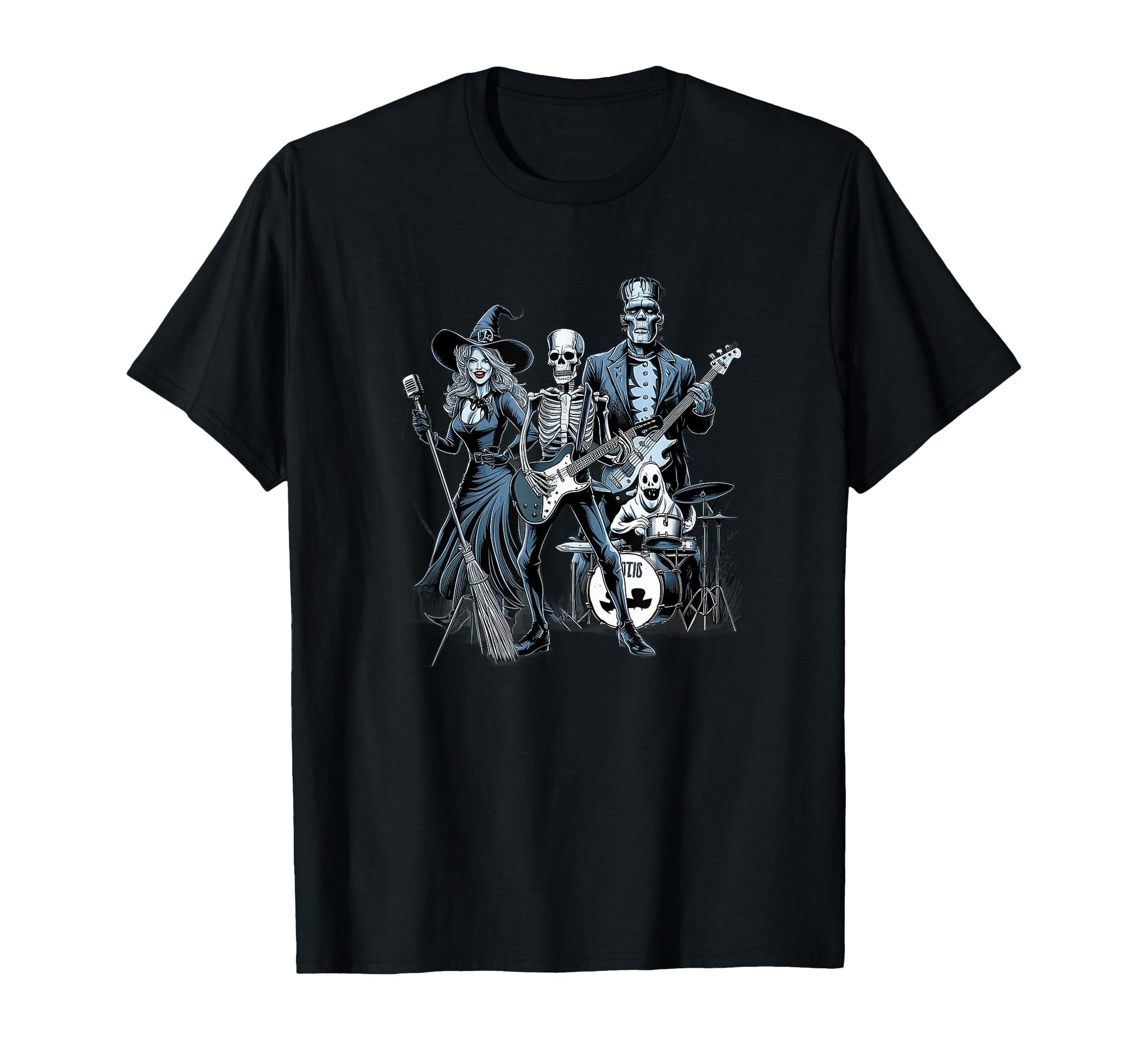 Rock Band Halloween Witch Skeleton T-Shirt - Custom Art Print Men Women - T-Shirt, Sweatshirt, Hoodie