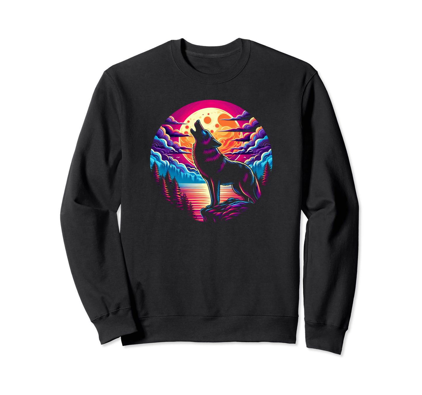 Vaporwave Aesthetic Howling Wolf Sweatshirt - Trendy Graphic for Adults - T-Shirt, Sweatshirt, Hoodie