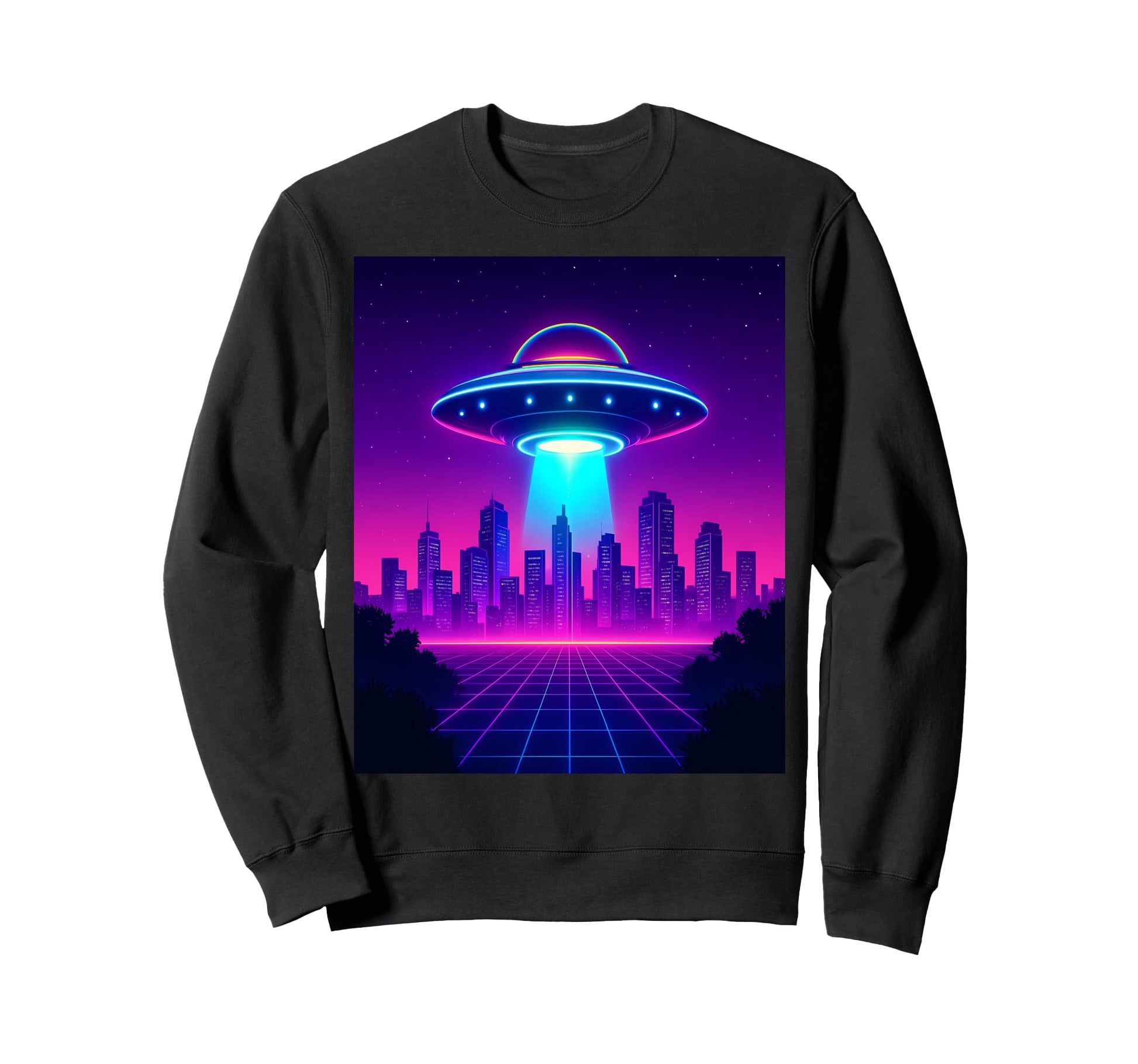 Ufo Vaporwave Cityscape Sci Fi Alien Sweatshirt - Graphic Print for Adults - T-Shirt, Sweatshirt, Hoodie