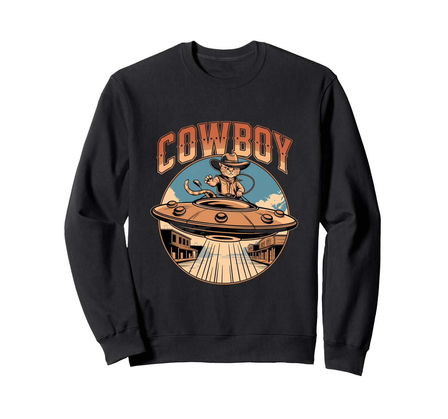 80S Western Ufo Cowboy Cat Wild Sweatshirt - Aesthetic Graphic Men Women - T-Shirt, Sweatshirt, Hoodie