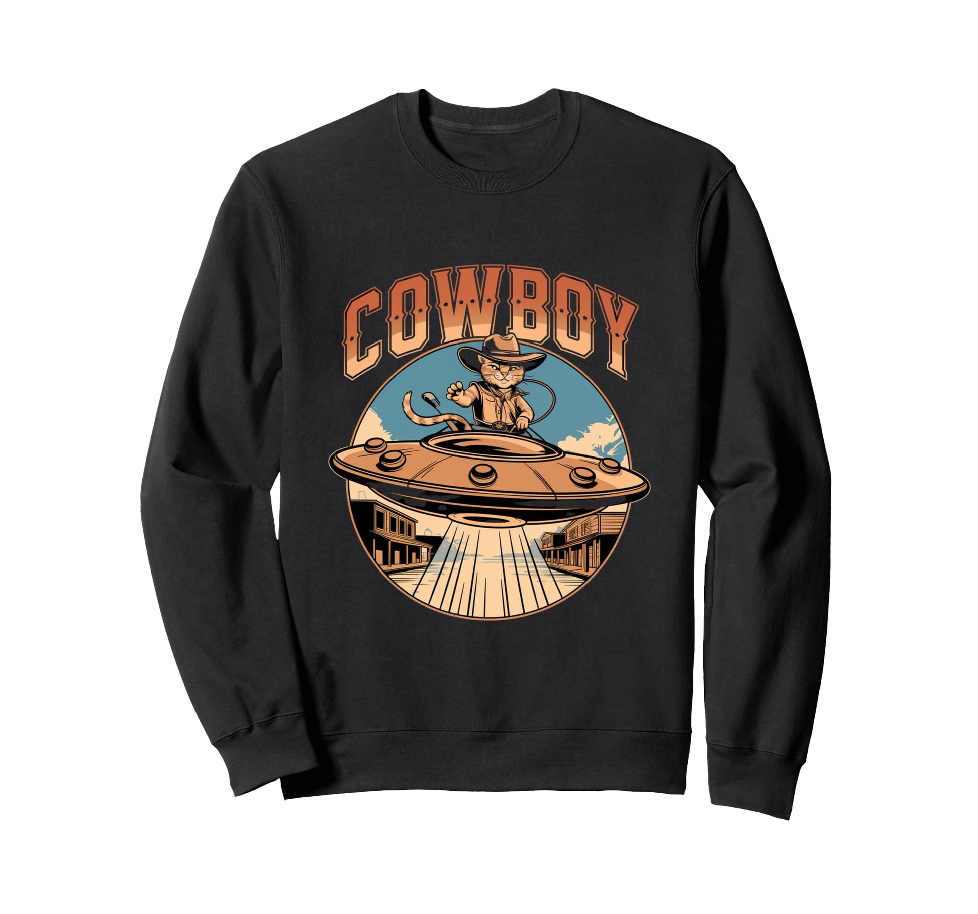 80S Western Ufo Cowboy Cat Wild Sweatshirt - Aesthetic Graphic Men Women - T-Shirt, Sweatshirt, Hoodie