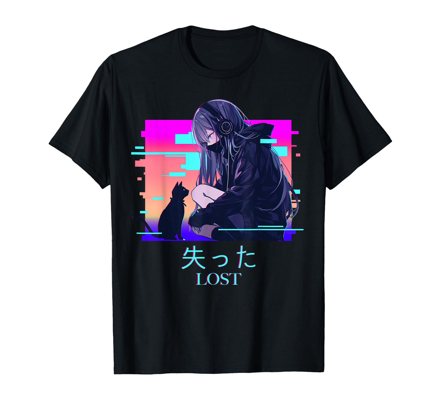 Lost Anime Cat Vaporwave Glitch T-Shirt - Unique Graphic for Adults - T-Shirt, Sweatshirt, Hoodie