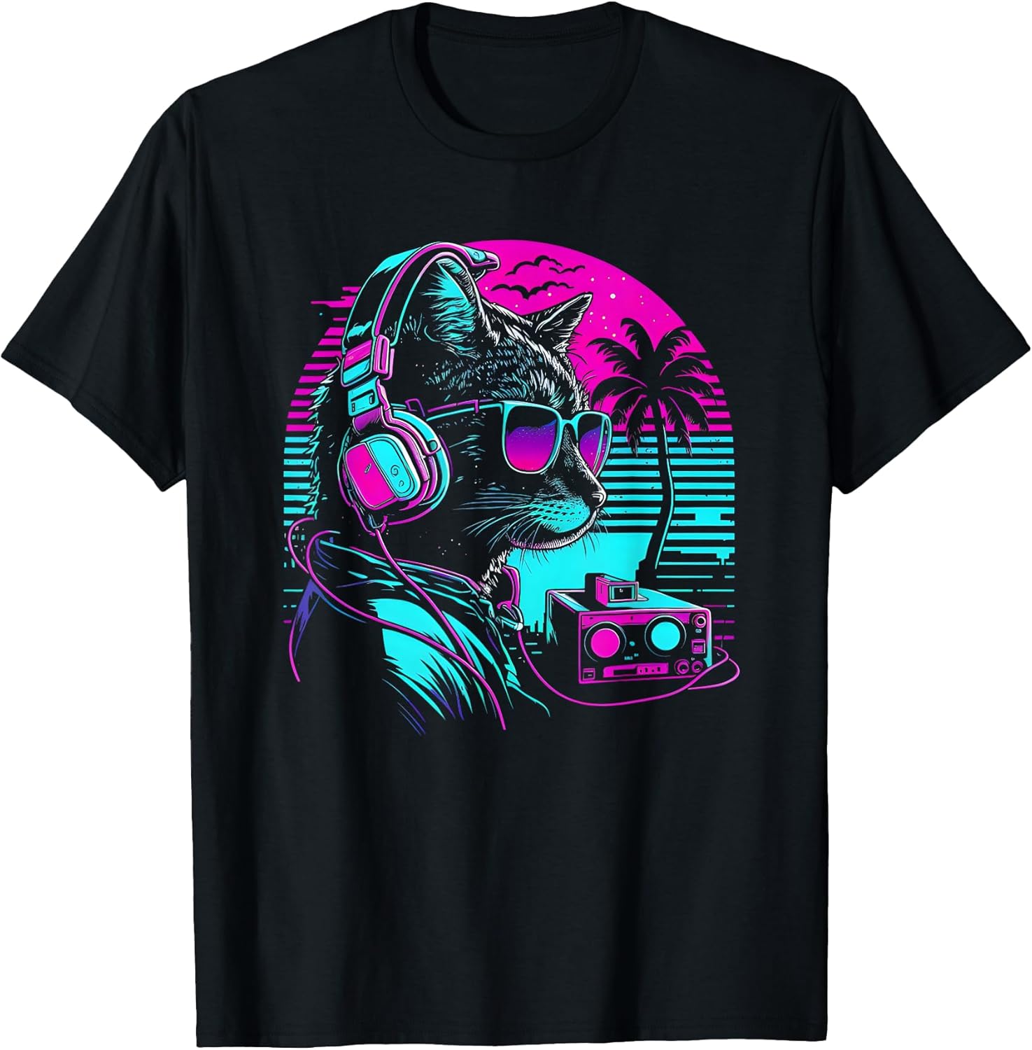 Synthwave Vaporwave DJ Cat Retro 1980s 1990s - Adult & Kids T-Shirts, Sweatshirts & Hoodies apparel design preview 1