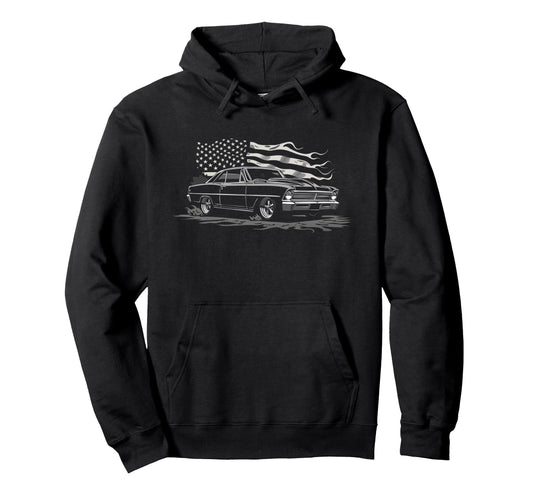 1966 1967 Nova Muscle Car Patriotic Flag Hoodie - Minimalist Print Unisex - T-Shirt, Sweatshirt, Hoodie