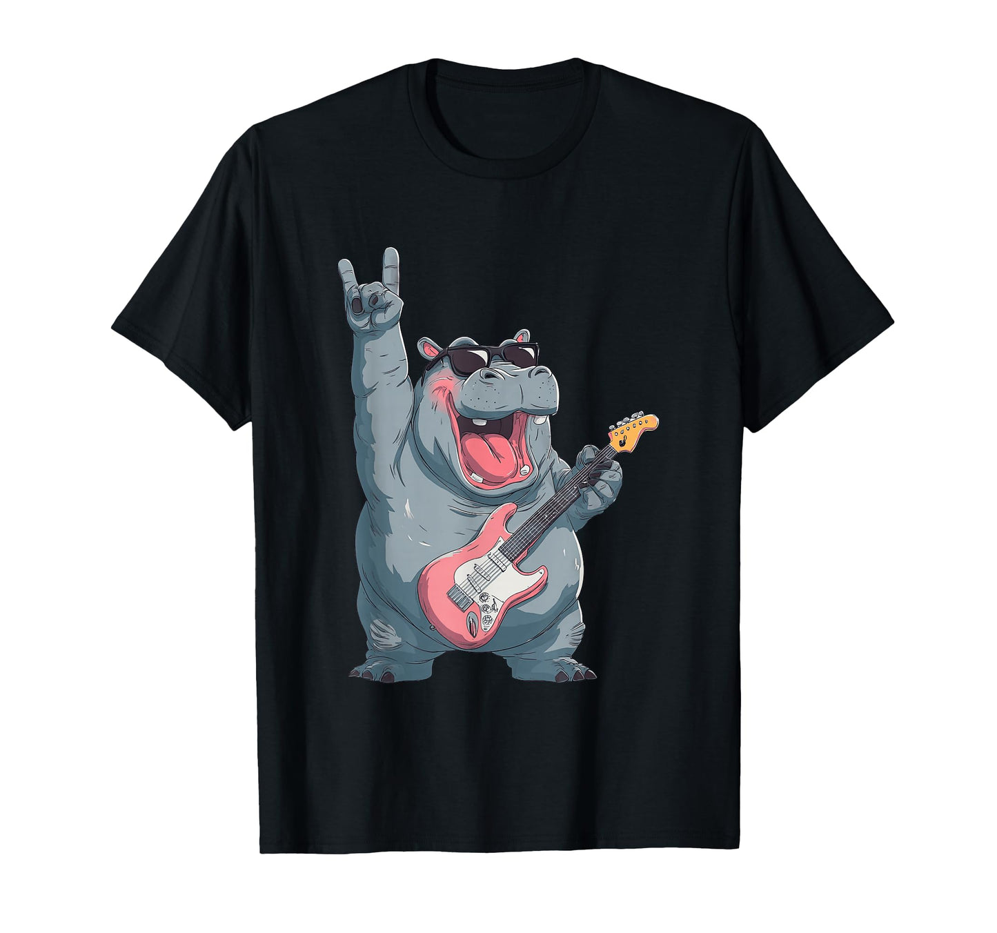Hippo Rock Music Guitarist Funny T-Shirt - Custom Art Print Men Women - T-Shirt, Sweatshirt, Hoodie