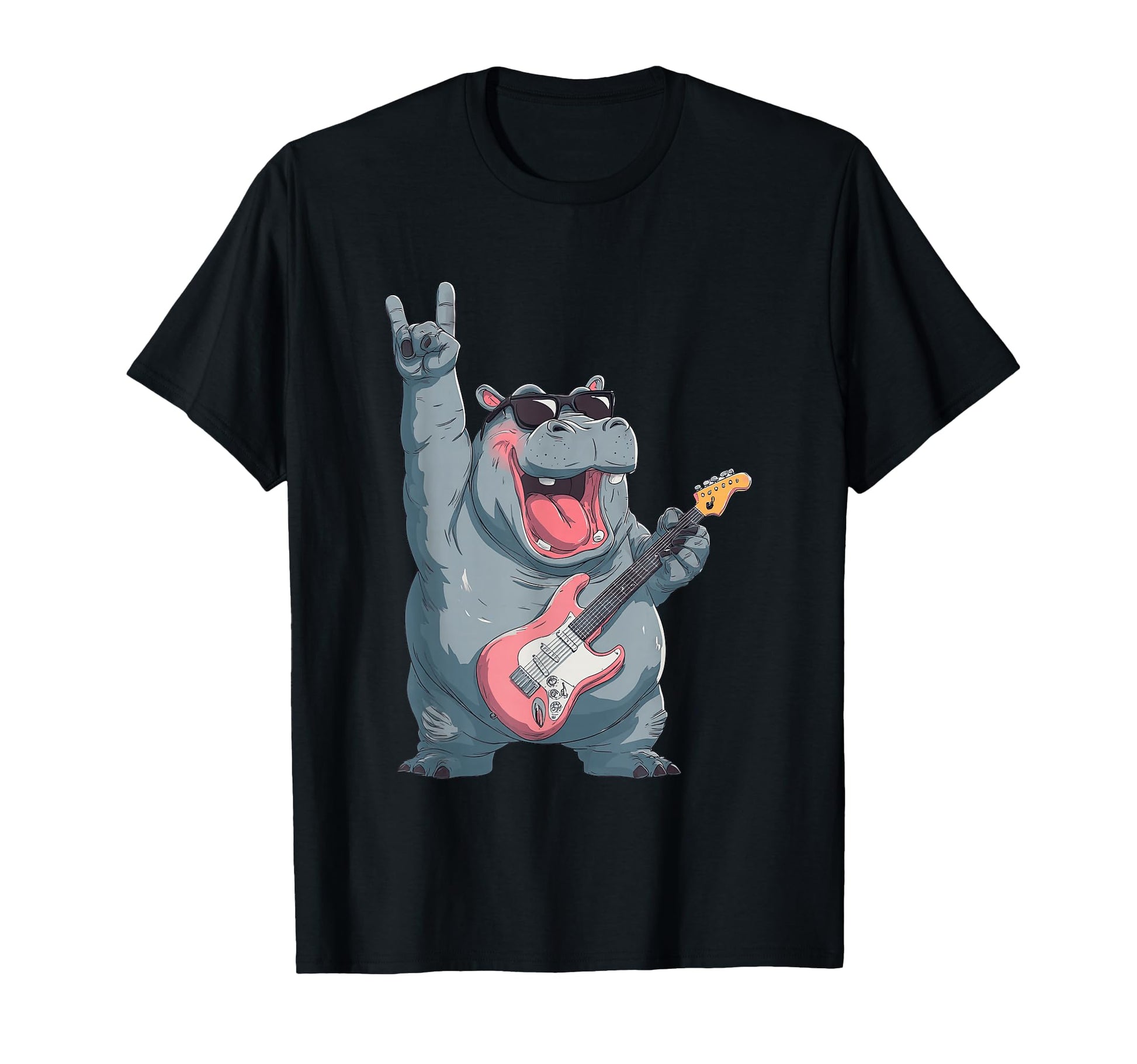 Hippo Rock Music Guitarist Funny T-Shirt - Custom Art Print Men Women - T-Shirt, Sweatshirt, Hoodie