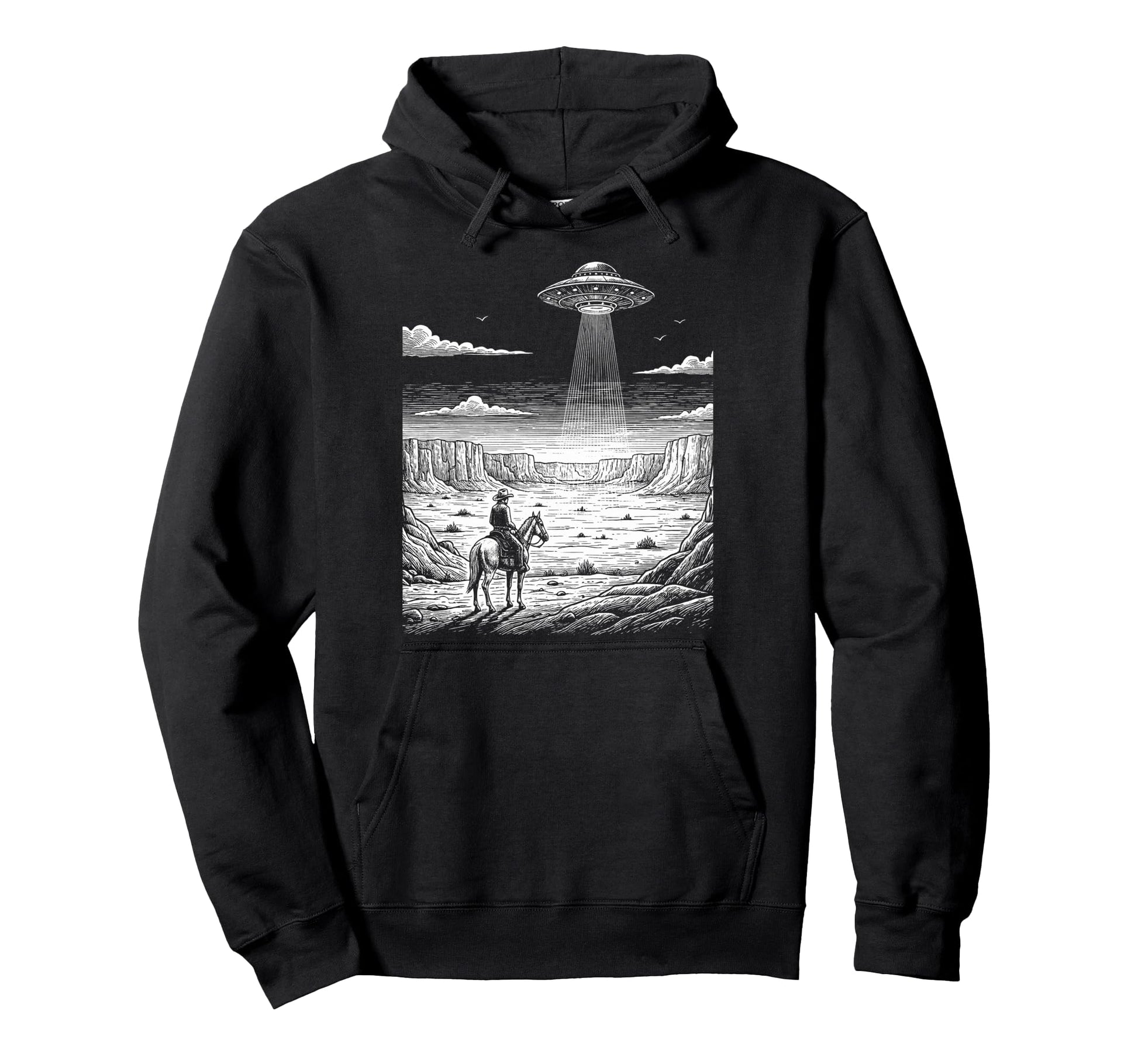 Cowboy Ufo Encounter Western Desert Hoodie - Aesthetic Graphic Unisex - T-Shirt, Sweatshirt, Hoodie