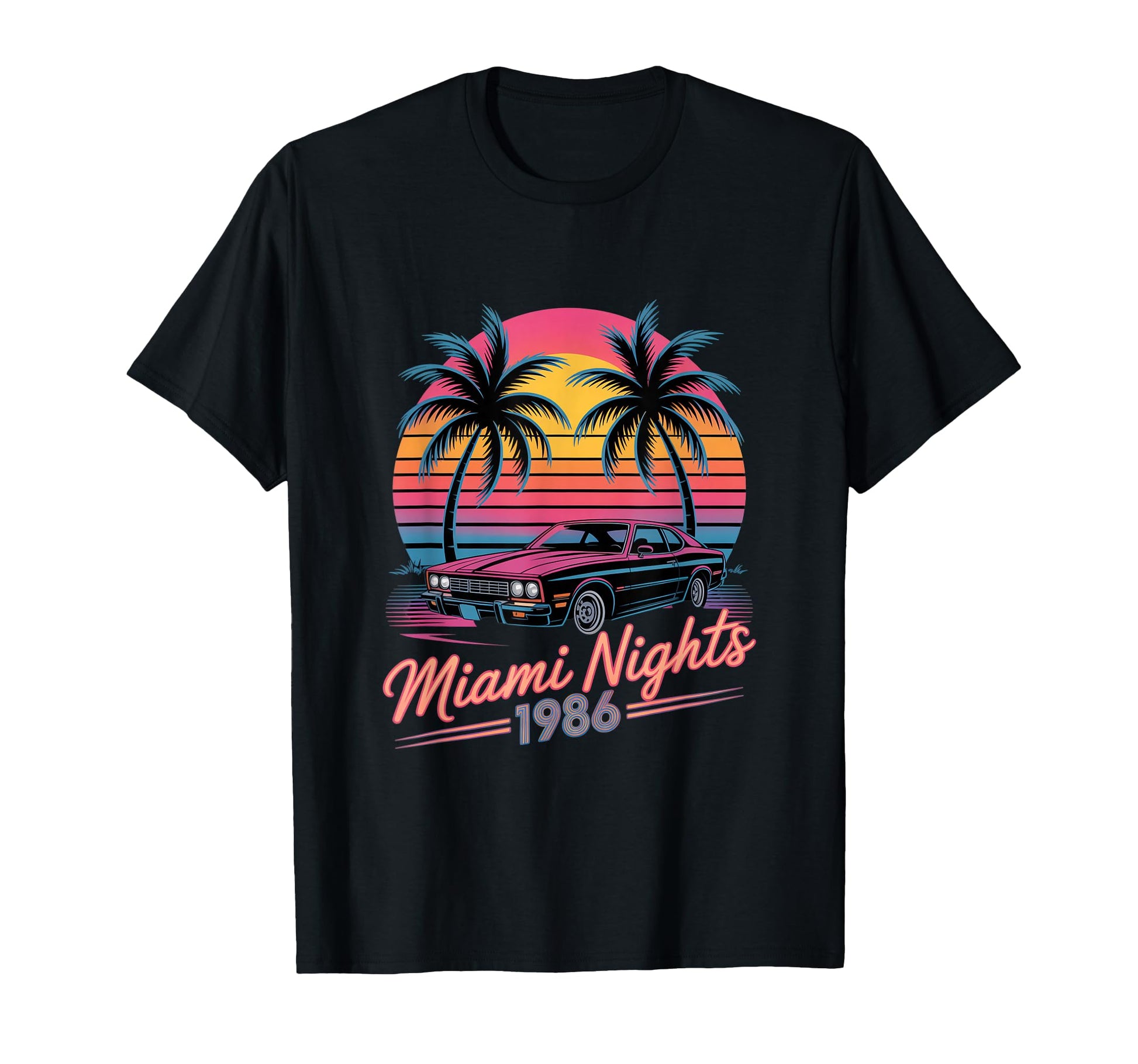 Miami Nights 1986 Car Palm Trees Sunset T-Shirt - Trendy Graphic for Adults - T-Shirt, Sweatshirt, Hoodie