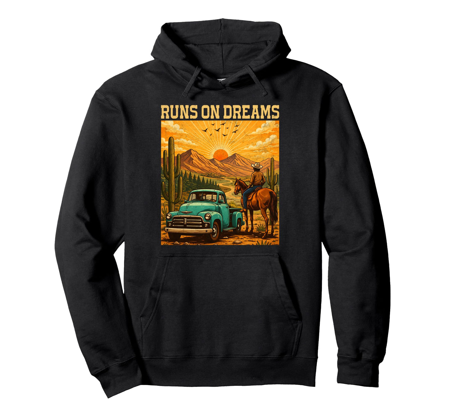 Runs Dreams Truck Horse Western Cowboy Hoodie - Minimalist Print for Adults - T-Shirt, Sweatshirt, Hoodie