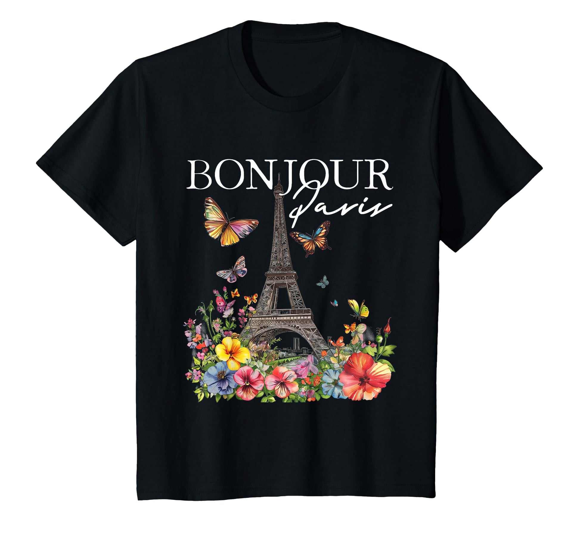 Bonjour Paris Floral Eiffel T-Shirt - Casual Everyday Wear for Adults - T-Shirt, Sweatshirt, Hoodie