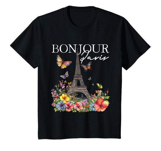 Bonjour Paris Floral Eiffel T-Shirt - Casual Everyday Wear for Adults - T-Shirt, Sweatshirt, Hoodie