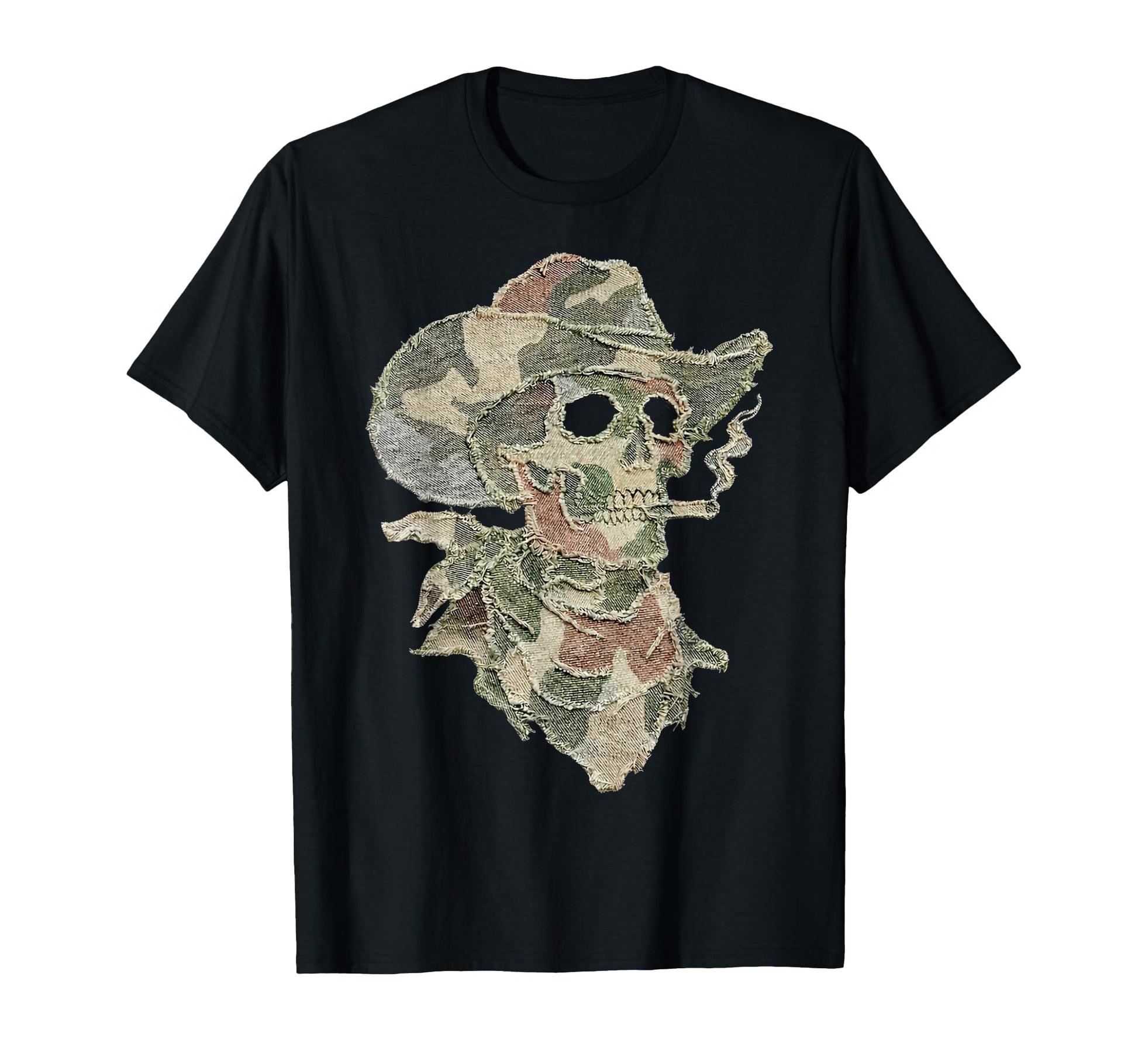 Camo Patchwork Western Cowboy Skeleton T-Shirt - Graphic Print for Adults - T-Shirt, Sweatshirt, Hoodie