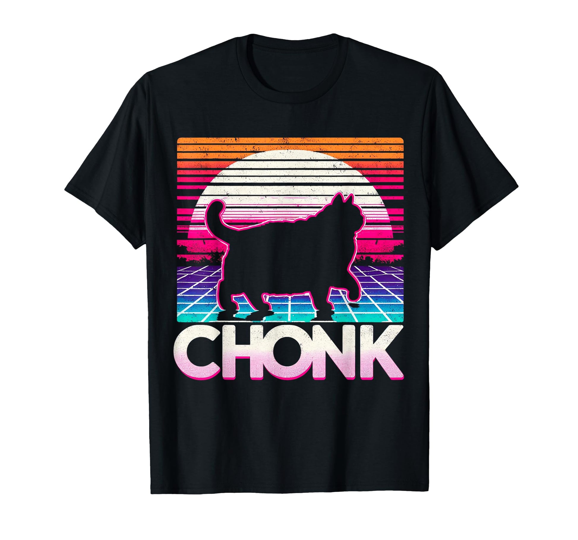 Funny Chonk Scale Cat Sunset Vaporwave T-Shirt - Minimalist Print Unisex - T-Shirt, Sweatshirt, Hoodie