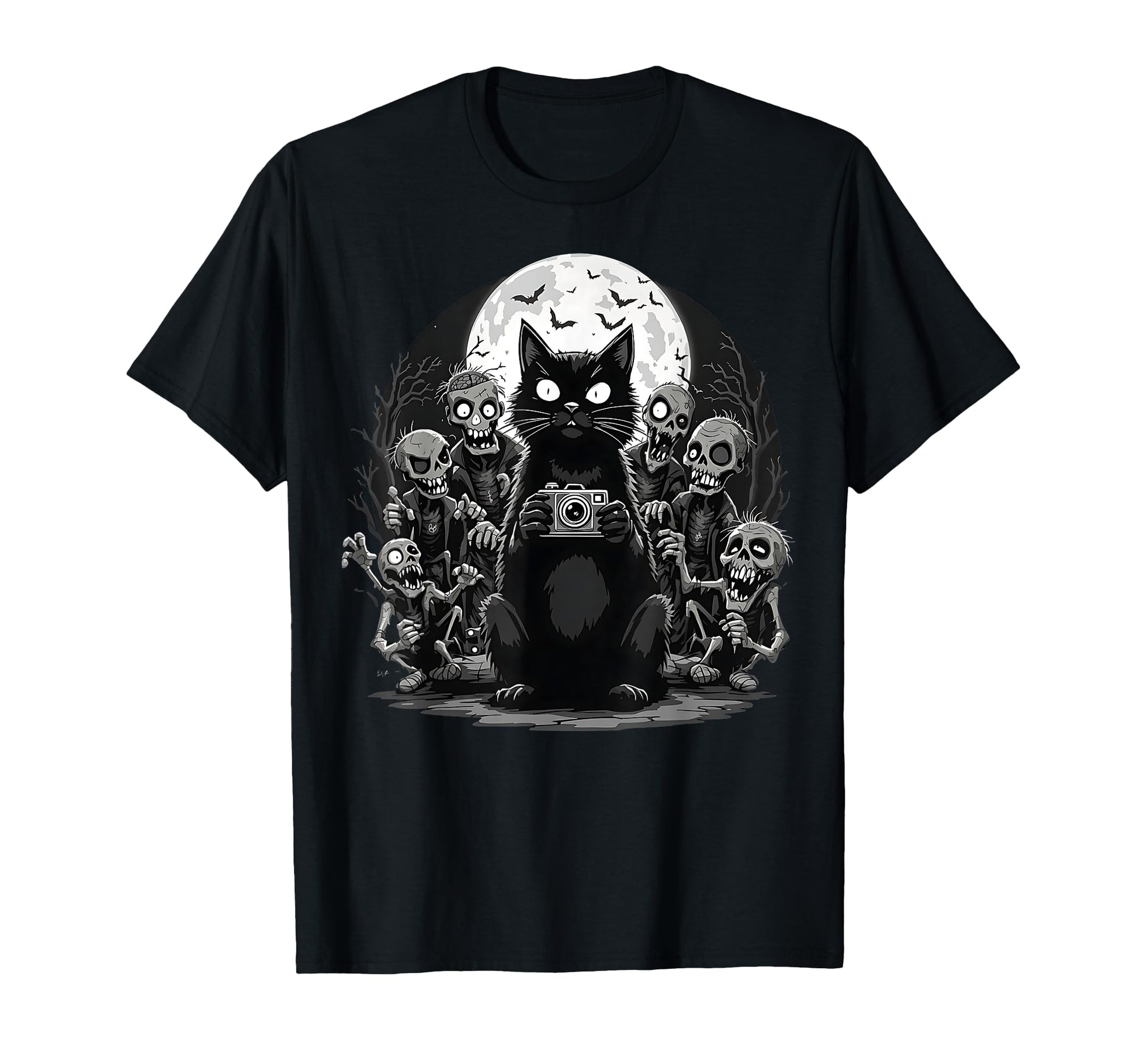 Halloween Cat Zombie Camera Spooky T-Shirt - Fun Novelty Design for Adults - T-Shirt, Sweatshirt, Hoodie