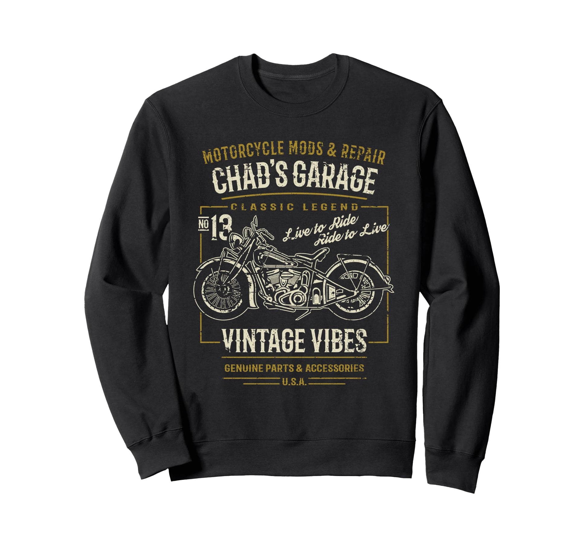 Chads Garage Motorcycle Sweatshirt - Unique Graphic for Adults - T-Shirt, Sweatshirt, Hoodie