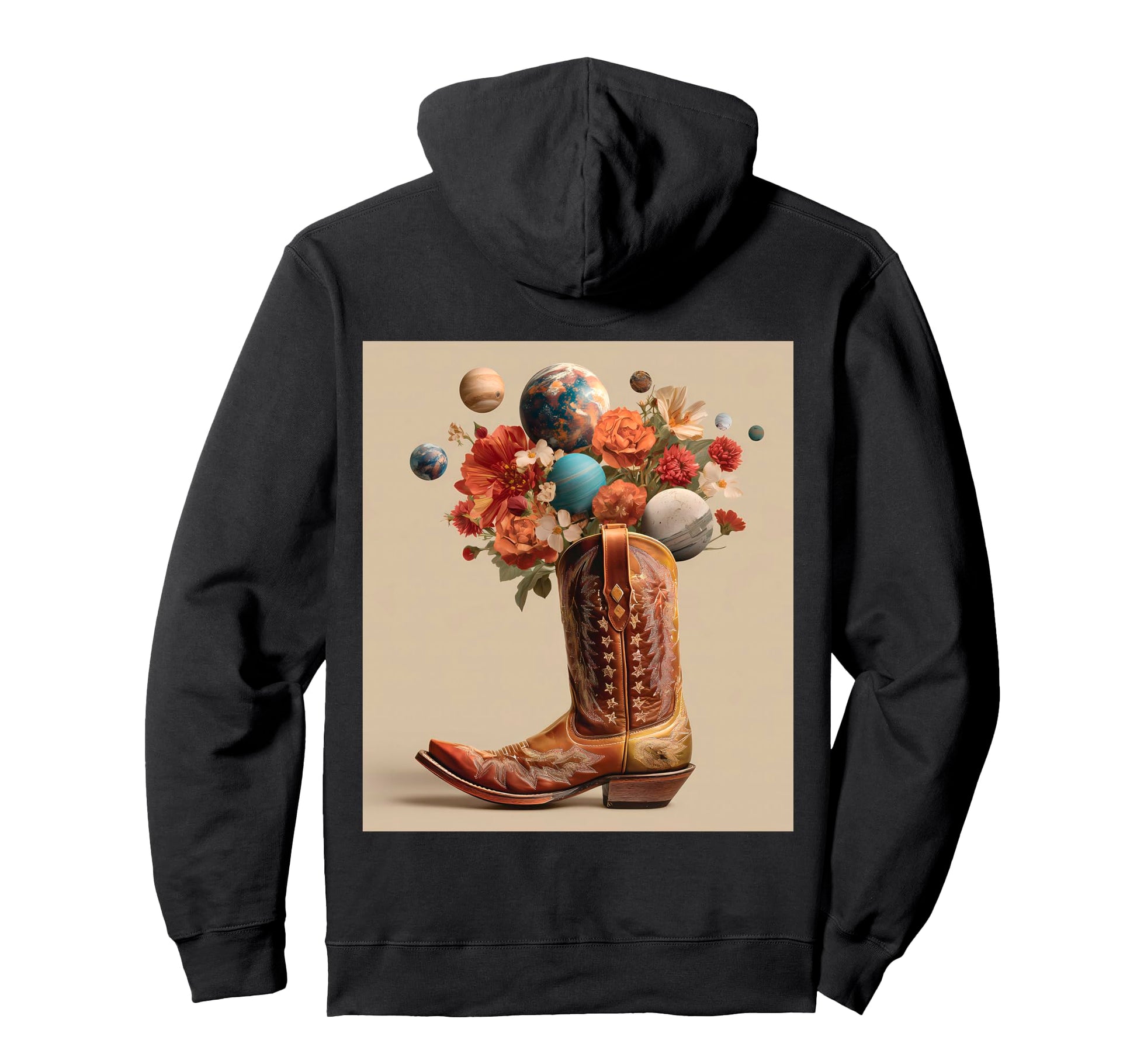 Cowboy Boot Cosmic Floral Planet Bouquet Hoodie - Unique Graphic Unisex - T-Shirt, Sweatshirt, Hoodie