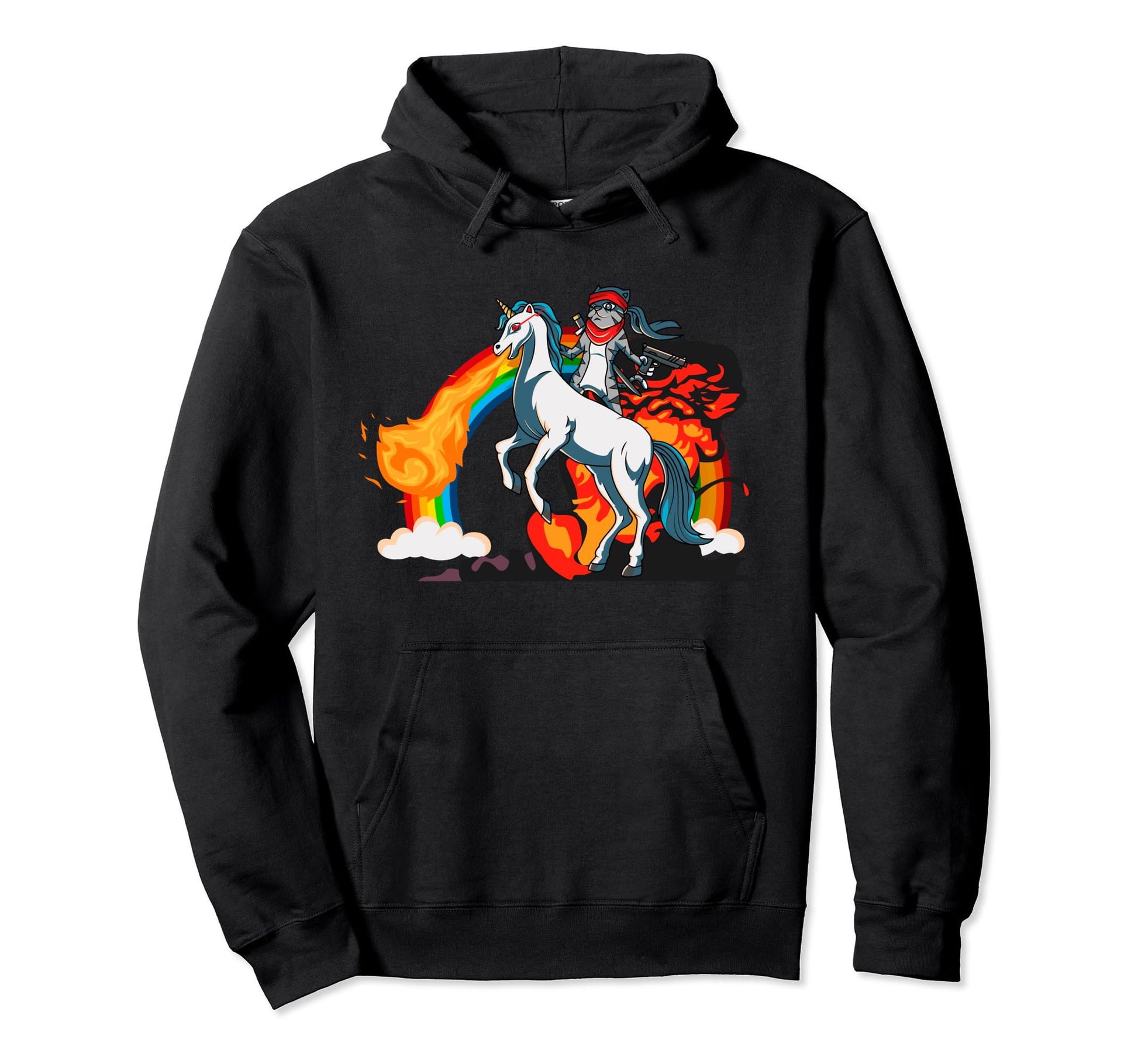 Funny Cat Riding Unicorn Fire Breathing Hoodie - Unique Graphic Unisex - T-Shirt, Sweatshirt, Hoodie