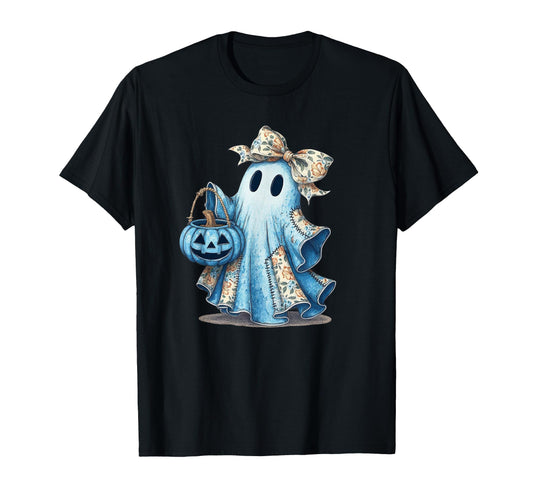Blue Denim Ghost Bow Coquette Boho T-Shirt - Aesthetic Graphic Unisex - T-Shirt, Sweatshirt, Hoodie
