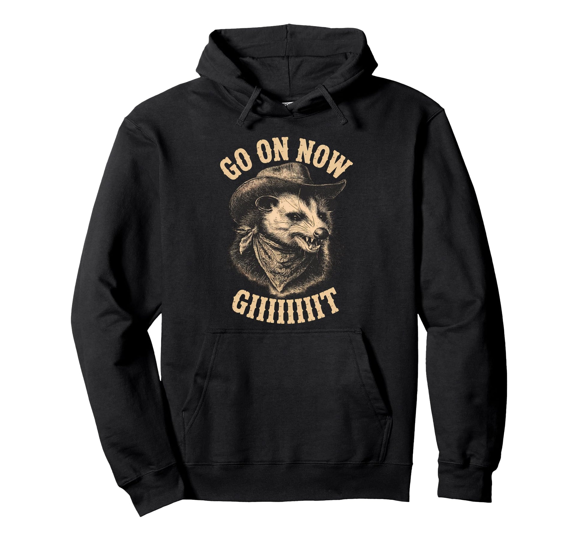 Western Country Cowboy Opossum Go Now Git Hoodie - Minimalist Print Unisex - T-Shirt, Sweatshirt, Hoodie