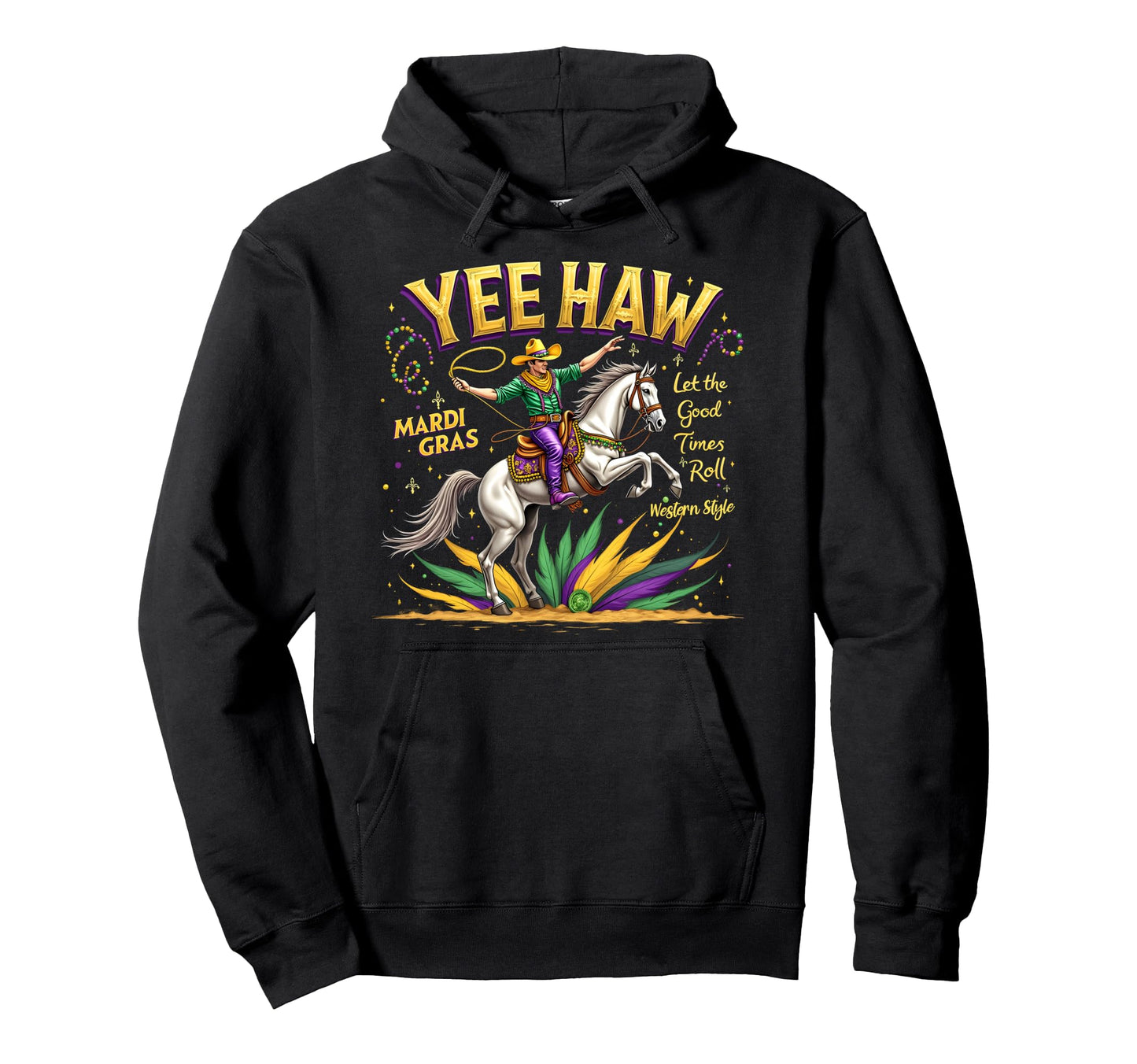 Yee Haw Western Mardi Gras Cowboy Mardi Gras Hoodie - Unique Graphic Unisex - T-Shirt, Sweatshirt, Hoodie