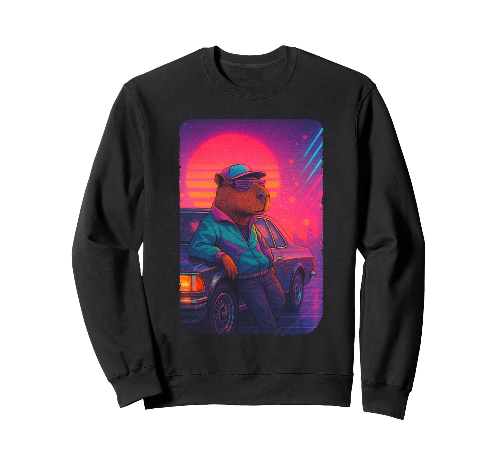 80S Capybara Vaporwave Sunset Sweatshirt - Graphic Print Men Women - T-Shirt, Sweatshirt, Hoodie