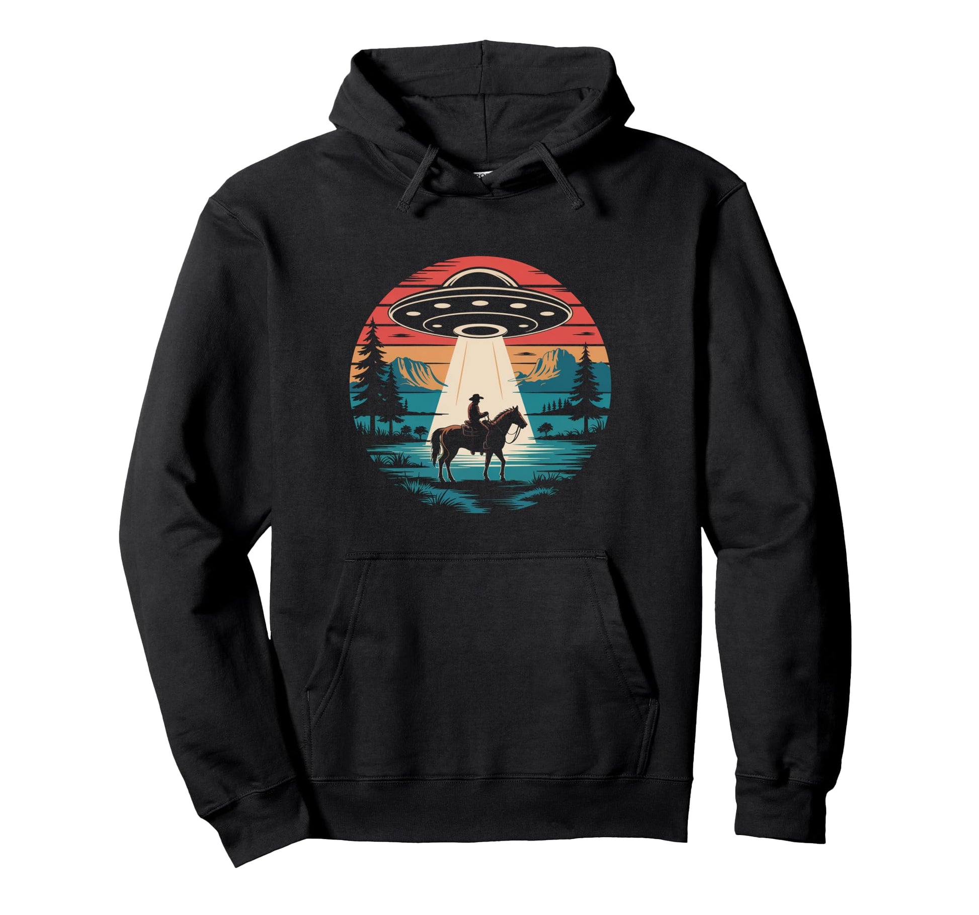 Western Ufo Cowboy Horse Alien Spaceship Hoodie - Graphic Print for Adults - T-Shirt, Sweatshirt, Hoodie