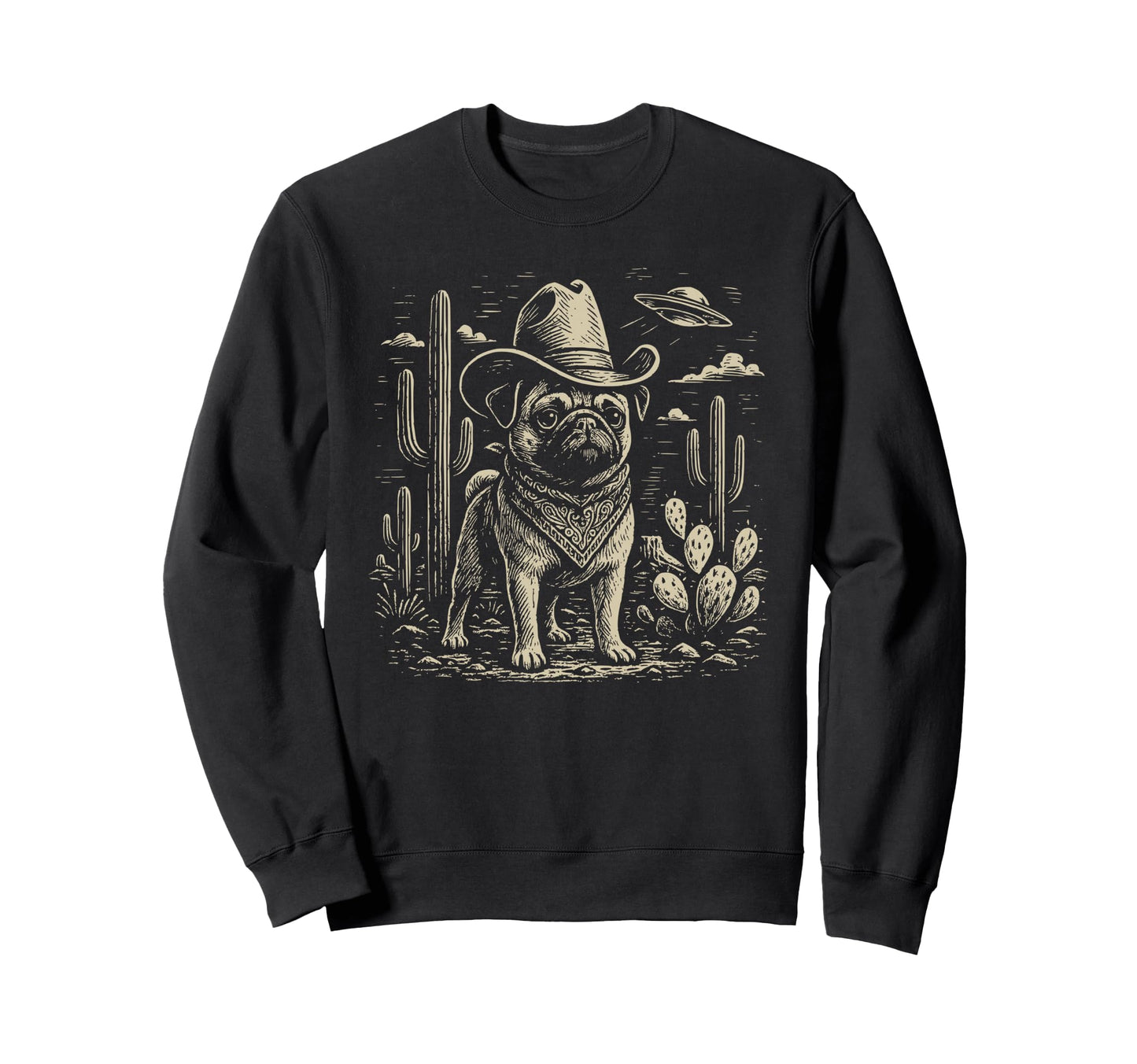 Western Pug Cowboy Ufo Dog Sweatshirt - Unique Graphic Men Women - T-Shirt, Sweatshirt, Hoodie