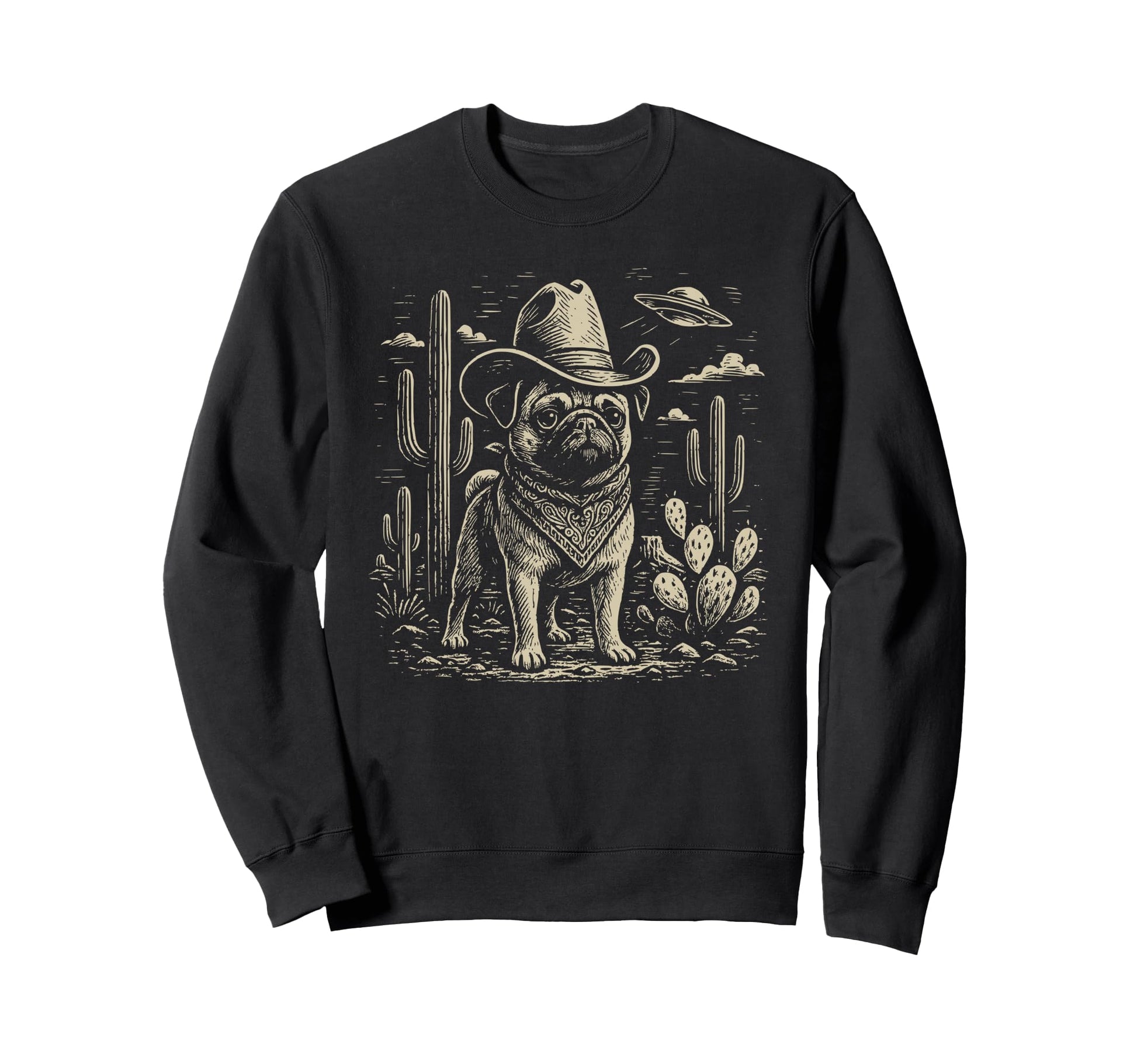 Western Pug Cowboy Ufo Dog Sweatshirt - Unique Graphic Men Women - T-Shirt, Sweatshirt, Hoodie