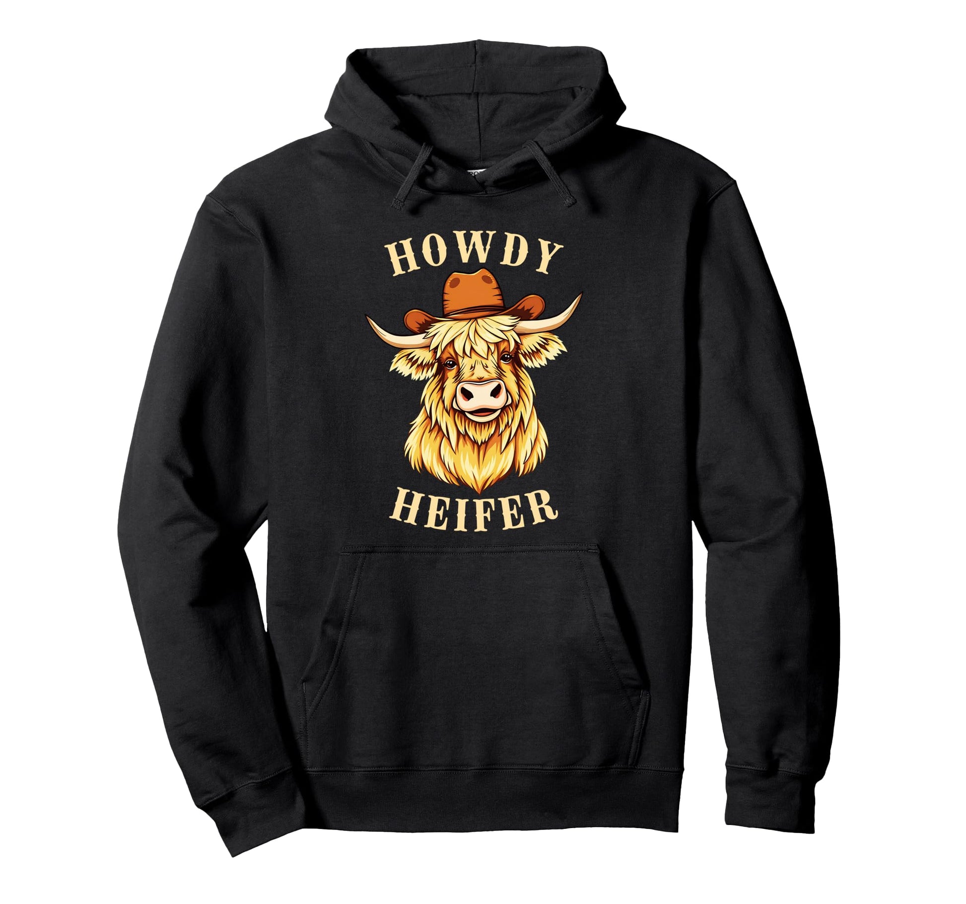 Funny Highland Cow Cowboy Hat Howdy Hoodie - Custom Art Print for Adults - T-Shirt, Sweatshirt, Hoodie