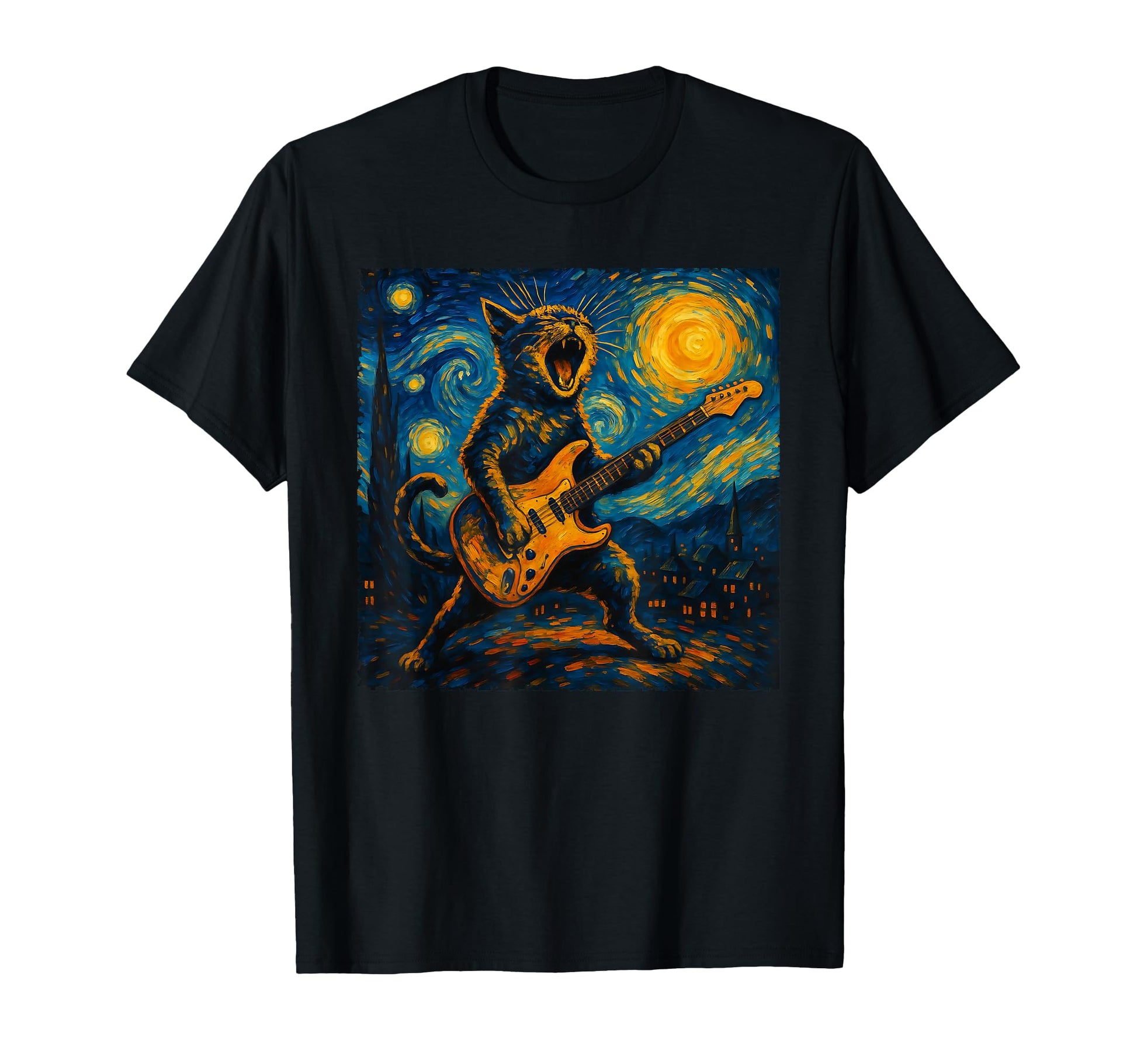 Funny Cat Playing Guitar Starry Night Van T-Shirt - Unique Graphic Unisex - T-Shirt, Sweatshirt, Hoodie