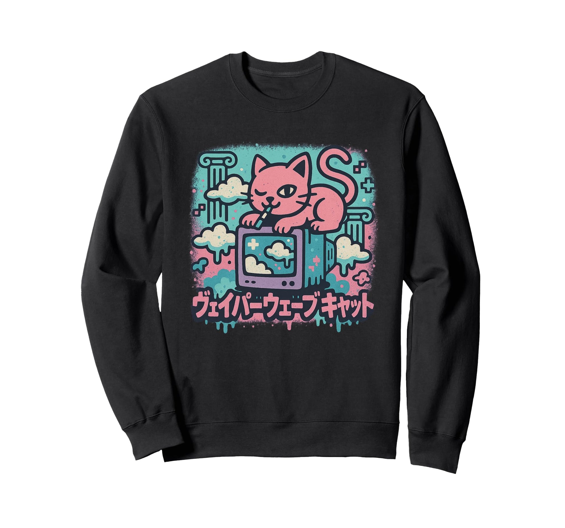 Vaporwave Cat Computer Kawaii Sweatshirt - Custom Art Print for Adults - T-Shirt, Sweatshirt, Hoodie