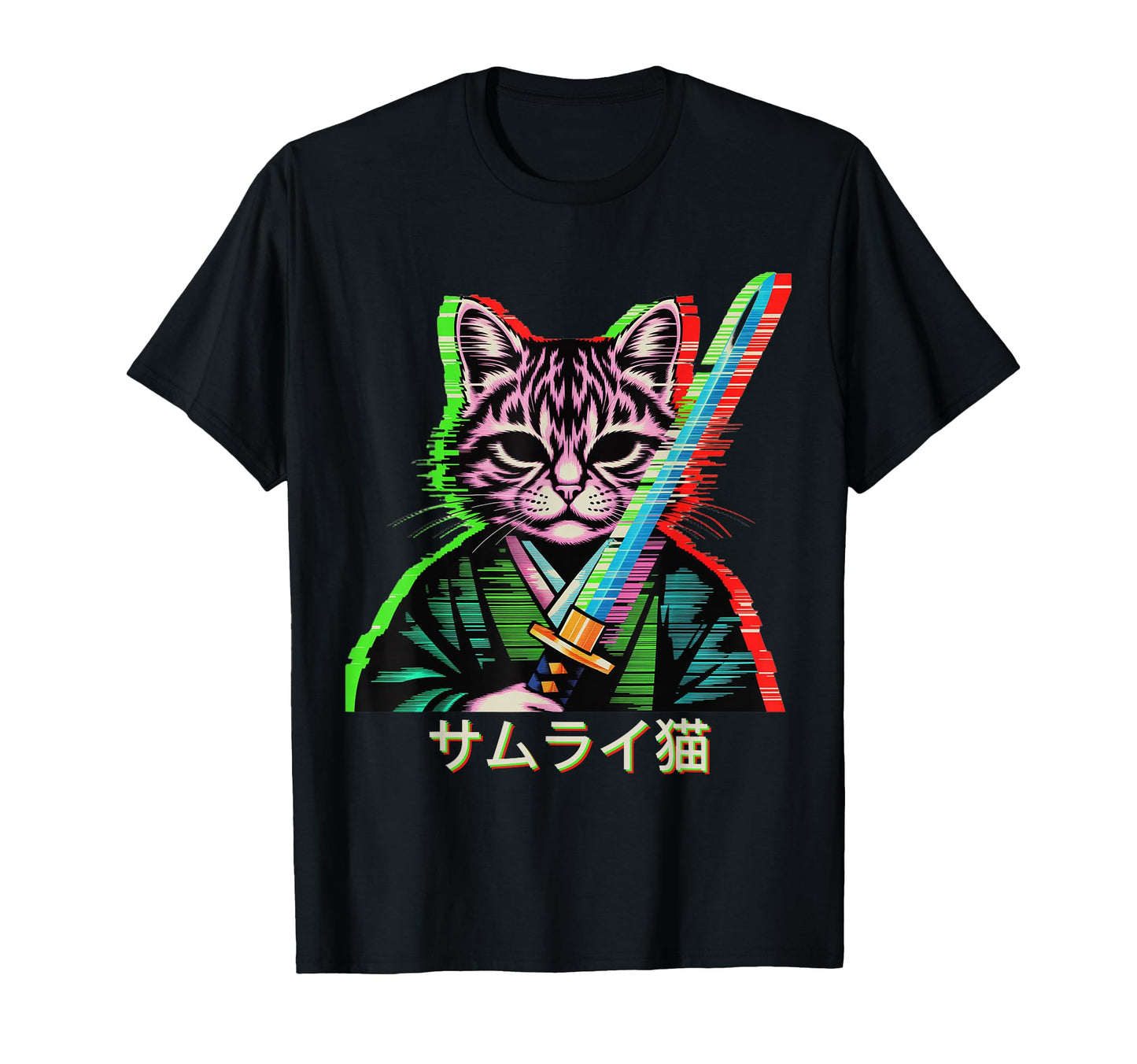 Japanese Vaporwave Samurai Cat T-Shirt - Graphic Print for Adults - T-Shirt, Sweatshirt, Hoodie