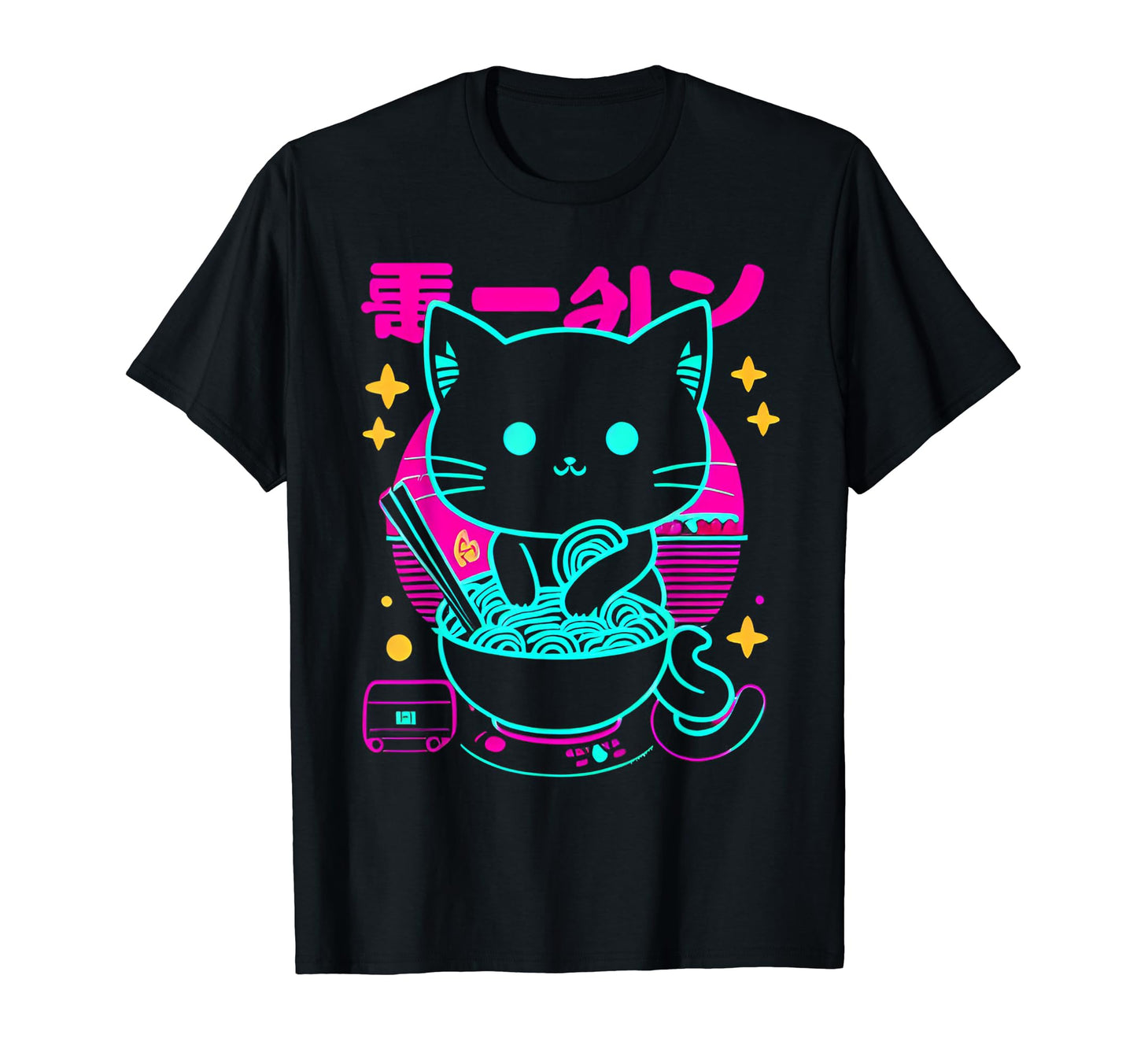 Kawaii Anime Cat Eating Ramen 80S T-Shirt - Minimalist Print for Adults - T-Shirt, Sweatshirt, Hoodie