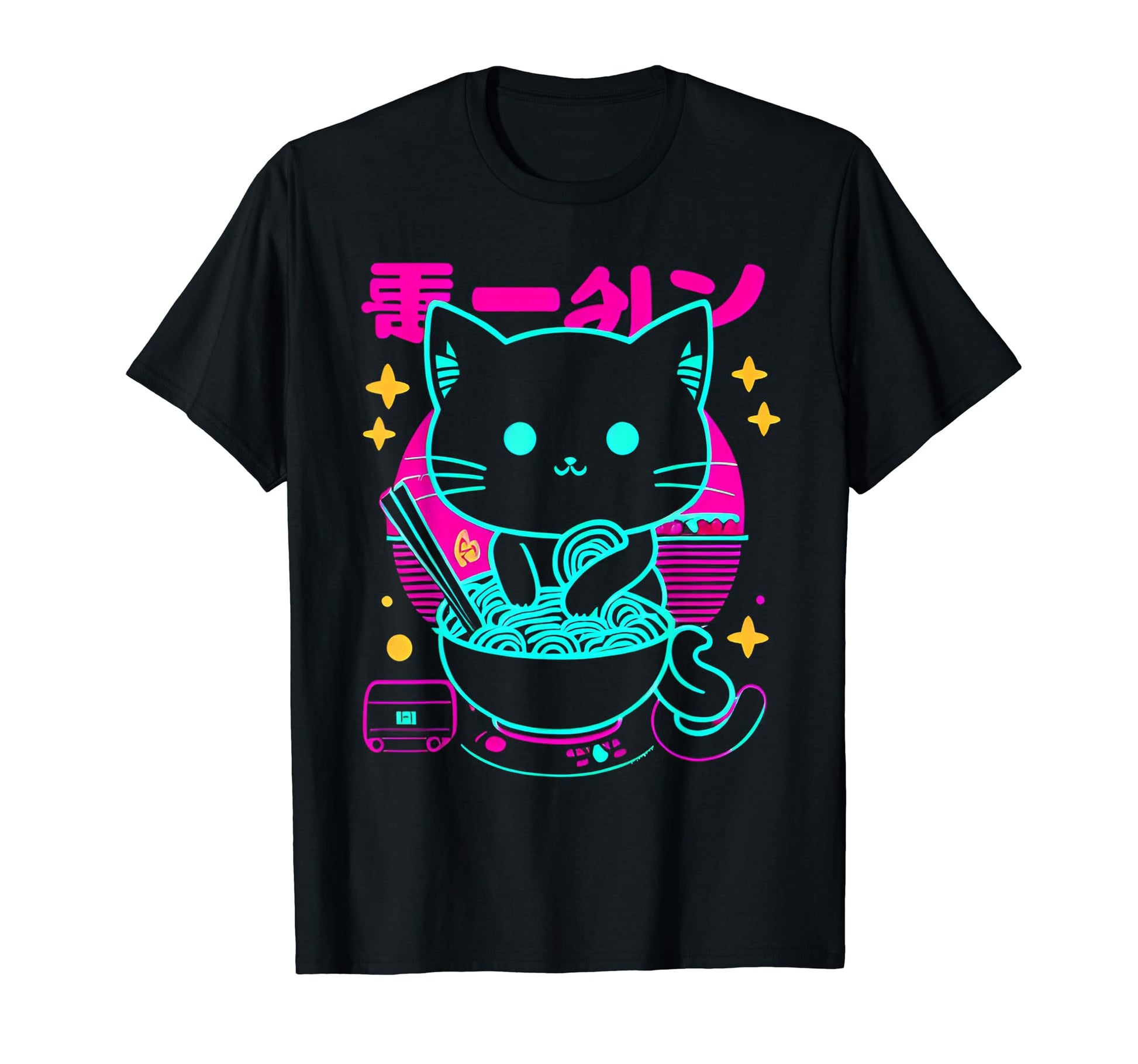 Kawaii Anime Cat Eating Ramen 80S T-Shirt - Minimalist Print for Adults - T-Shirt, Sweatshirt, Hoodie