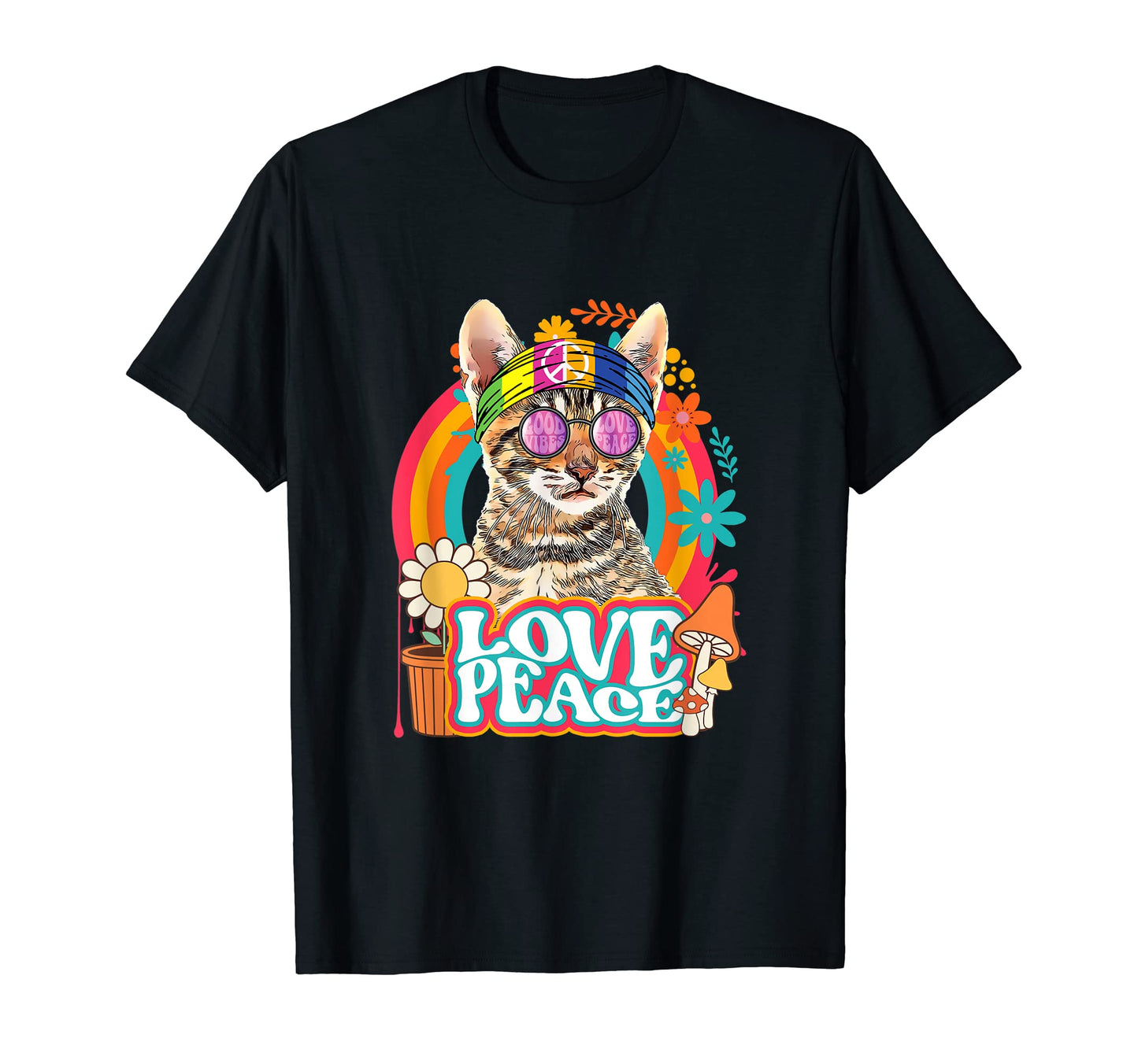 Hippie Cat Rainbow 60S 70S Peace T-Shirt - Aesthetic Graphic Men Women - T-Shirt, Sweatshirt, Hoodie